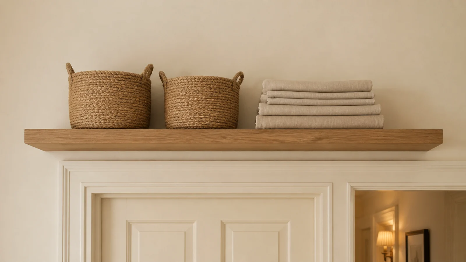 floating shelf mounted above a doorway holding baskets and spare linens