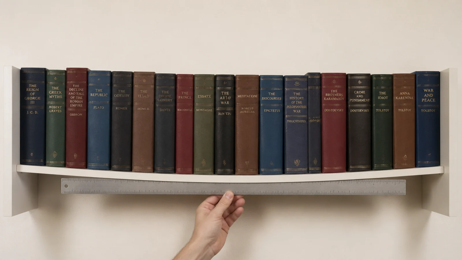 thin floating shelf board visibly bowing in the middle under books