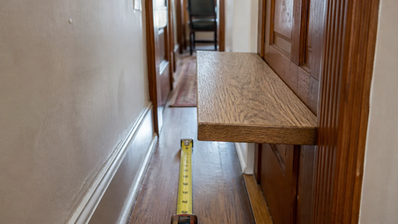 deep floating shelf jutting into a narrow hallway beside a doorframe