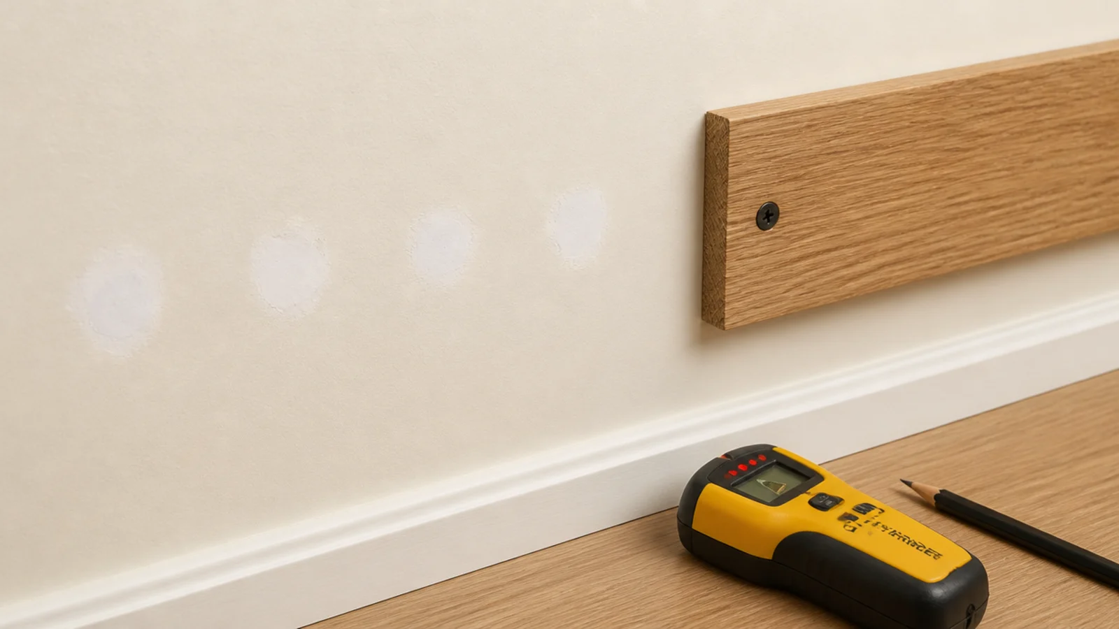 row of filled and sanded holes in drywall beside a correctly placed shelf