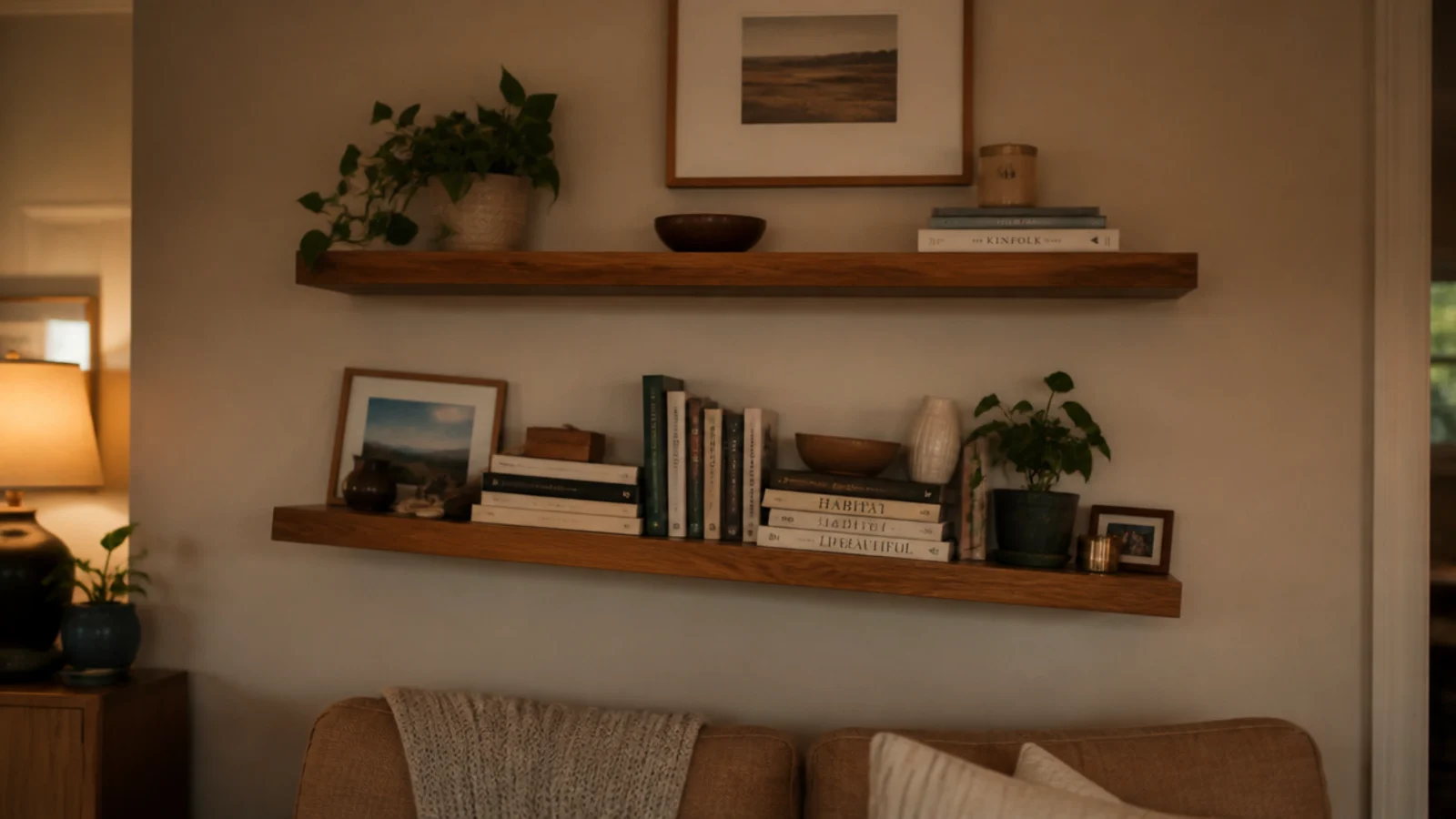 wall of floating shelves showing common floating shelf mistakes being corrected