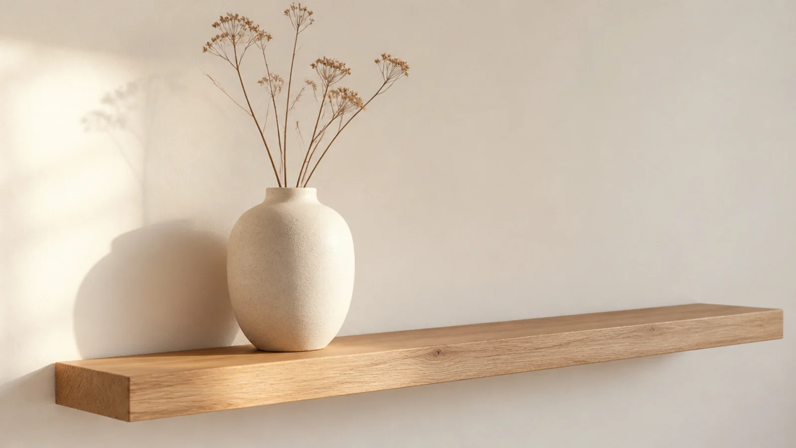 single oversized stoneware vase filling a floating shelf on its own