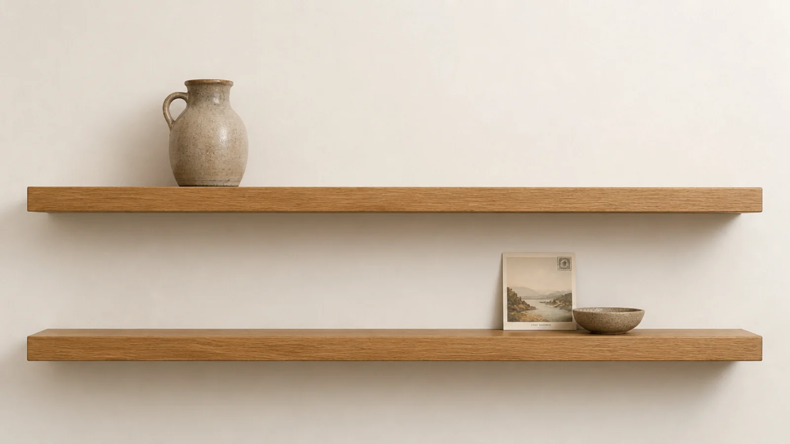 sparsely styled floating shelf with a long stretch of empty surface