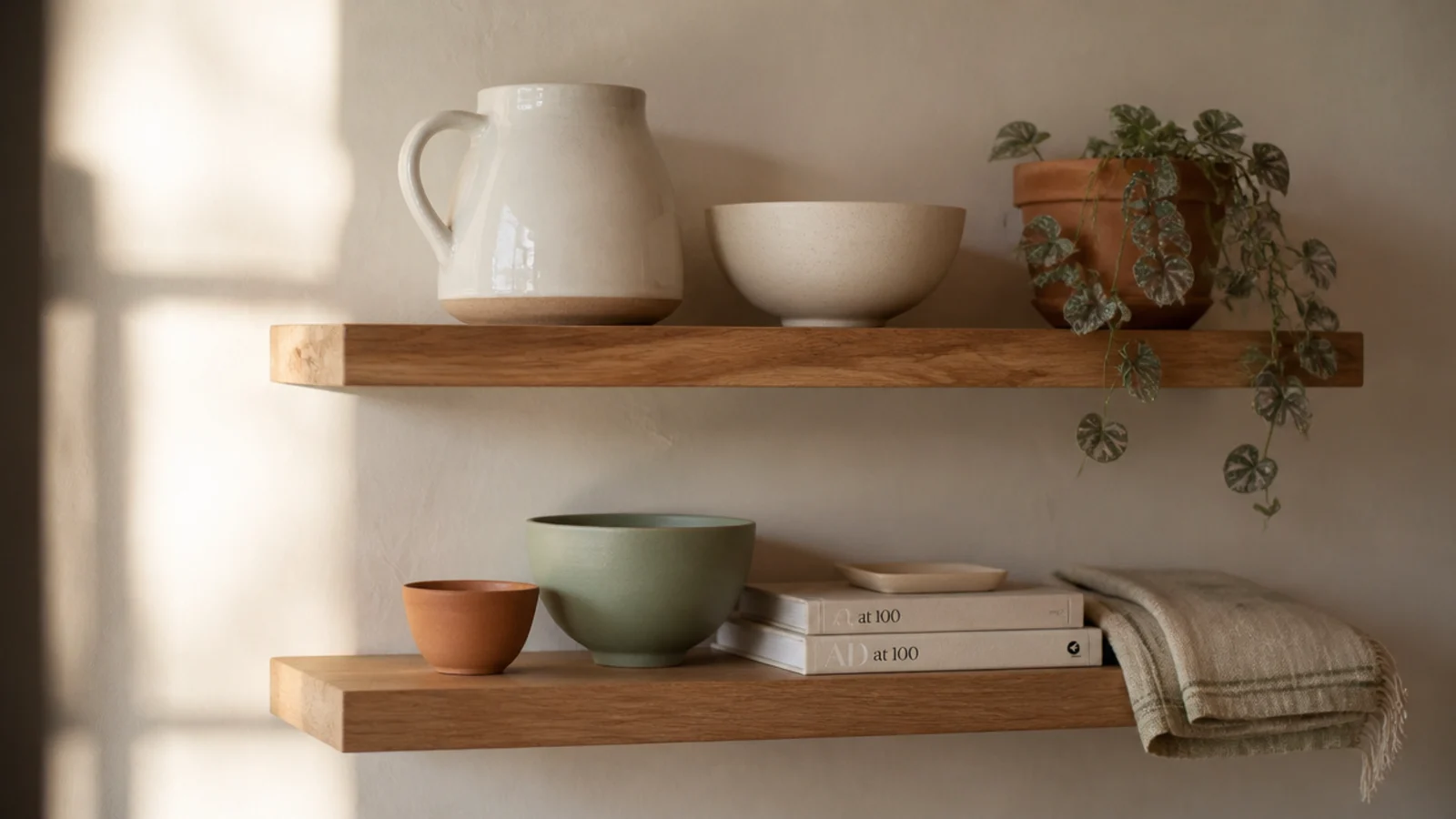 floating shelf styled in cream terracotta and sage tones with oak