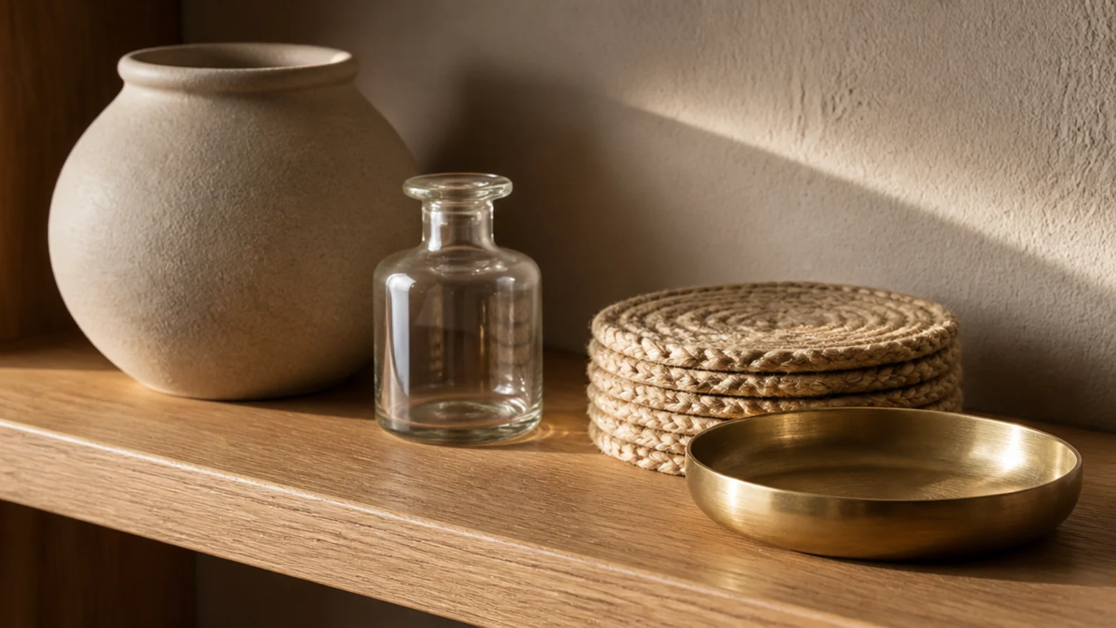matte stoneware glossy glass and woven jute mixed on a floating shelf