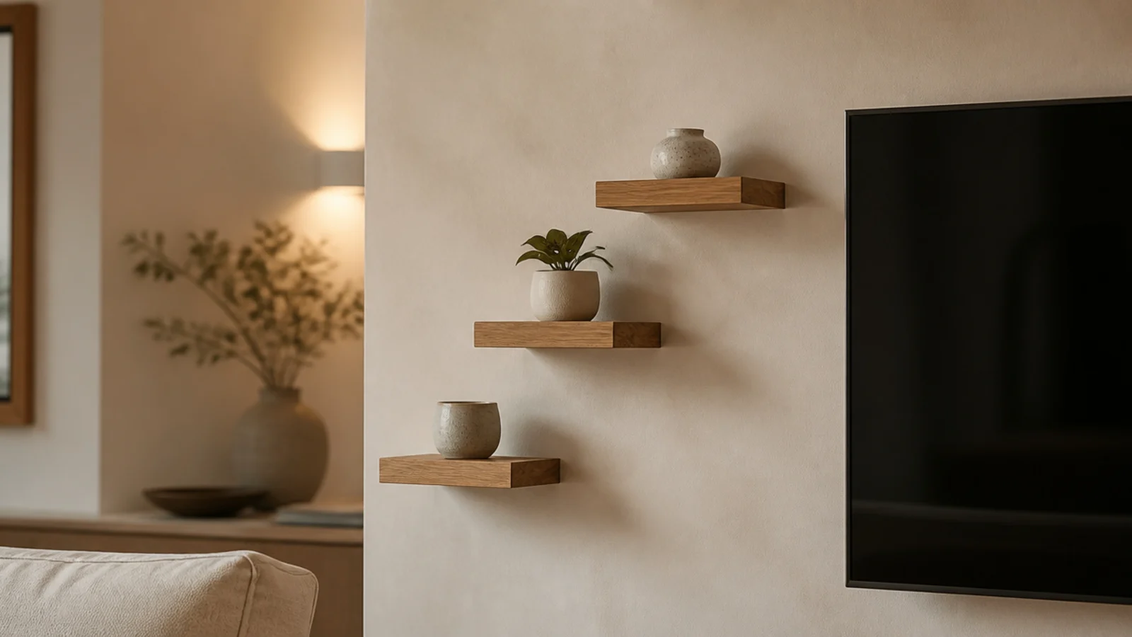 short floating shelves rising in steps beside a mounted television