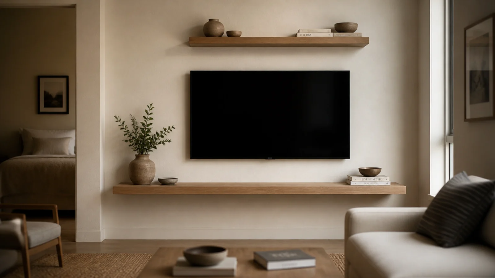 compact floating shelves and a tv sharing one small apartment wall