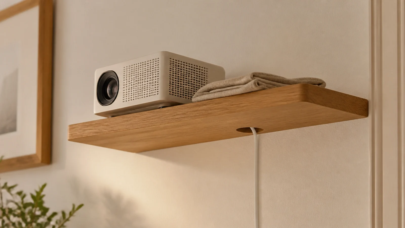 small floating shelf holding a projector opposite a blank wall