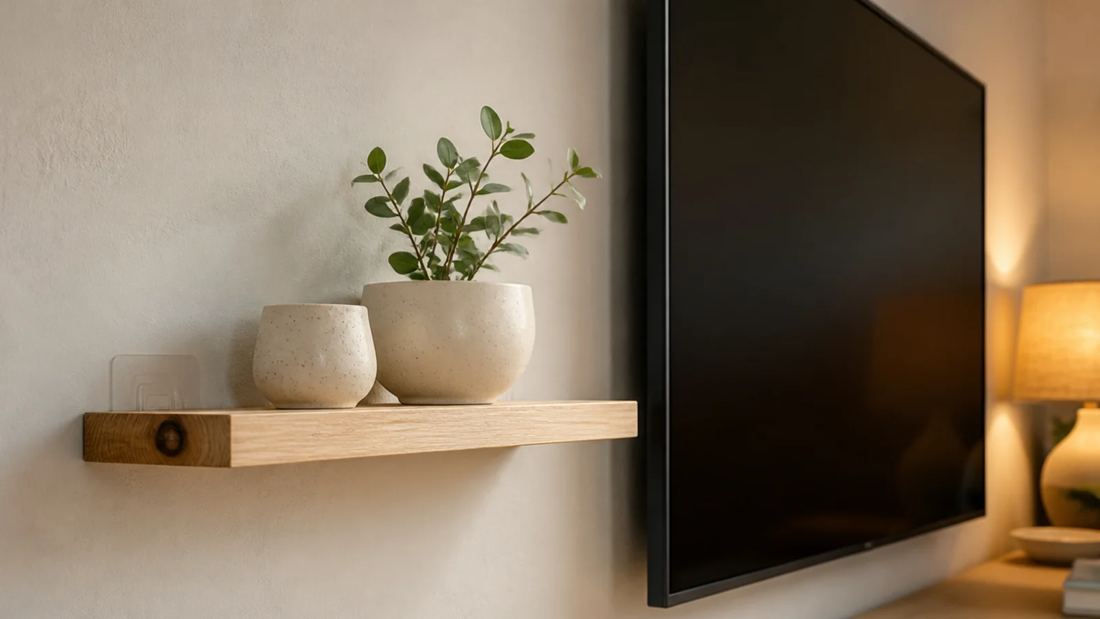 lightweight floating shelf on adhesive strips beside a rental tv wall
