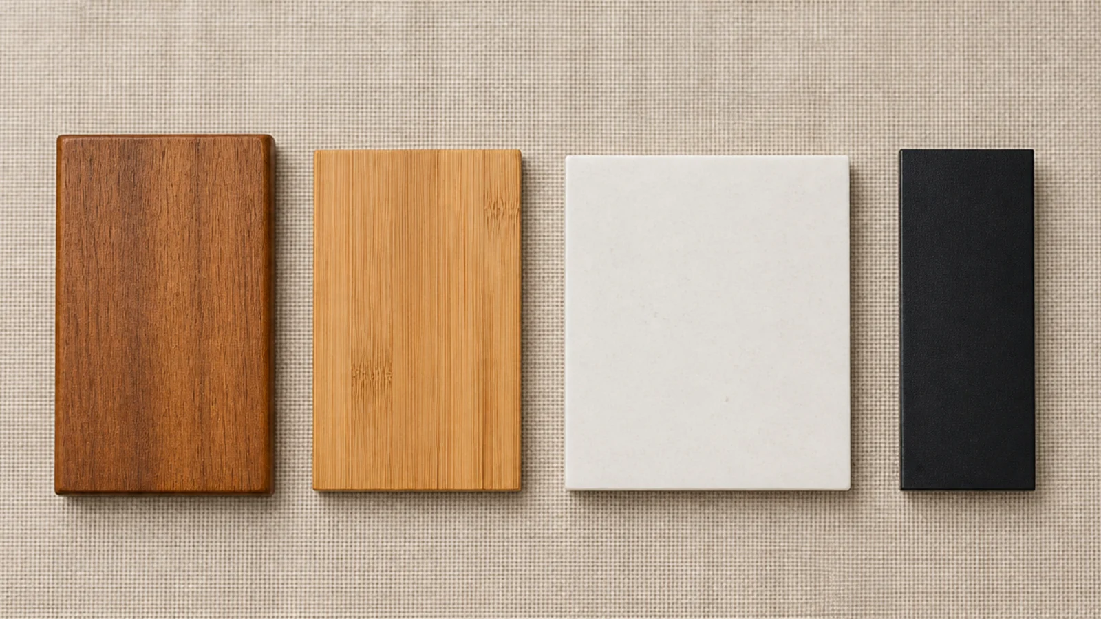 teak bamboo and steel shelf samples compared for a damp bathroom