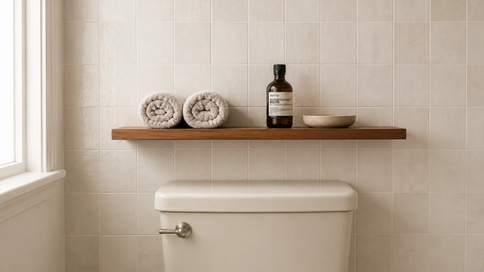 slim floating shelf above a toilet tank holding towels and a bottle