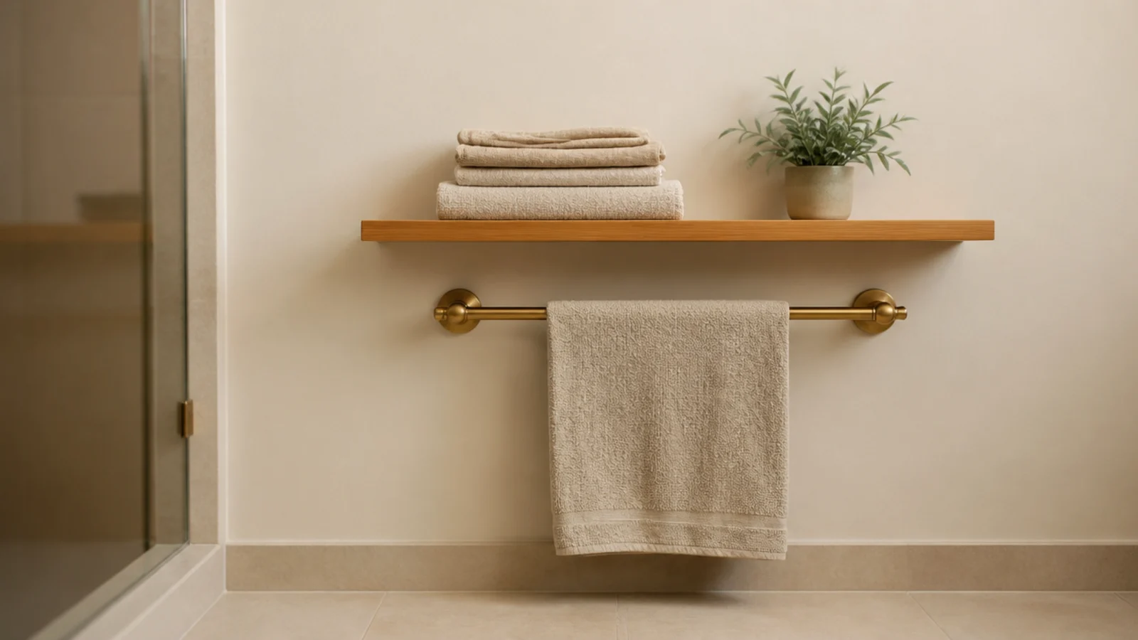 floating shelf mounted above a bathroom towel rail with folded linens