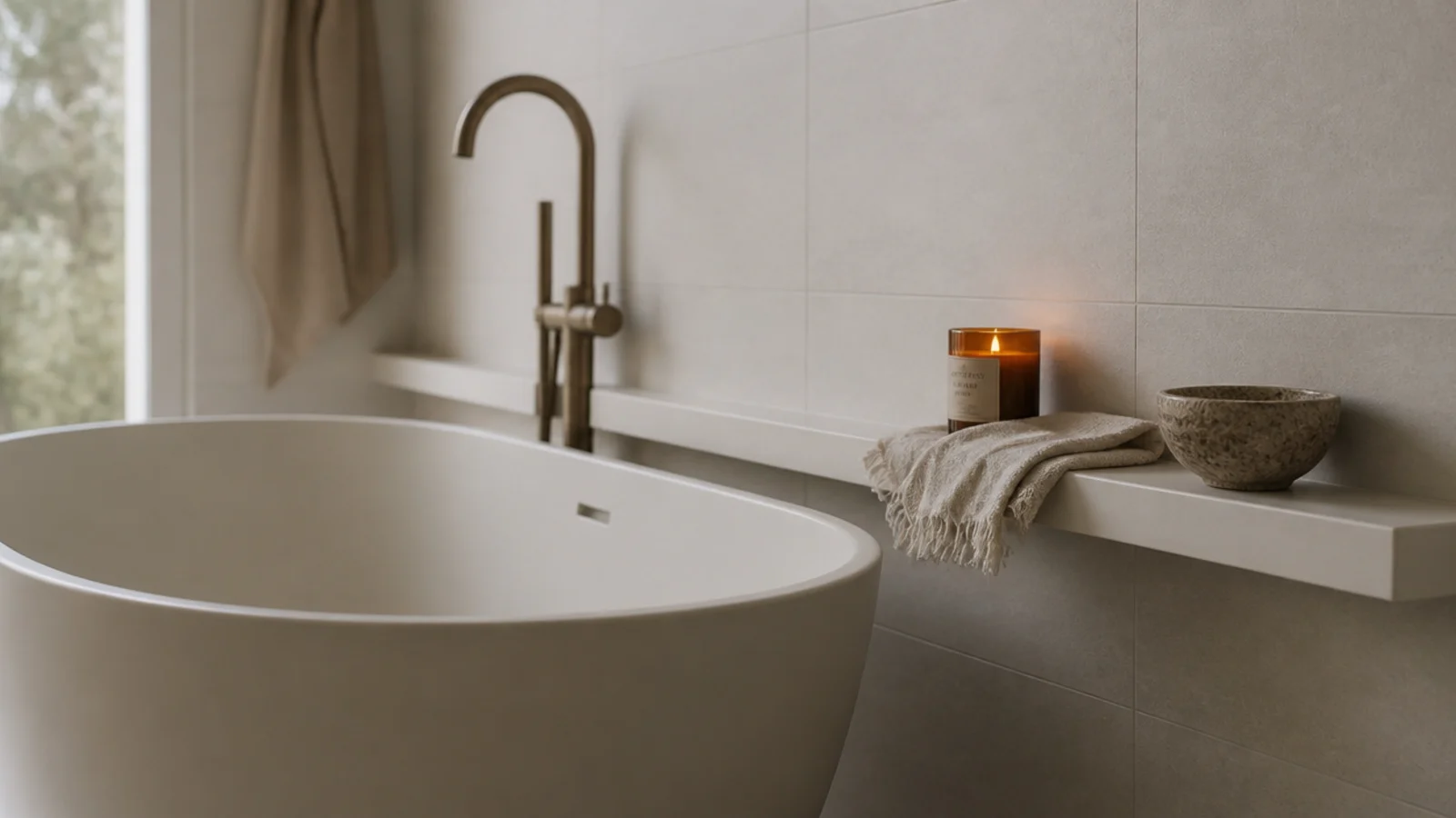 narrow floating ledge running beside a bathtub at rim height