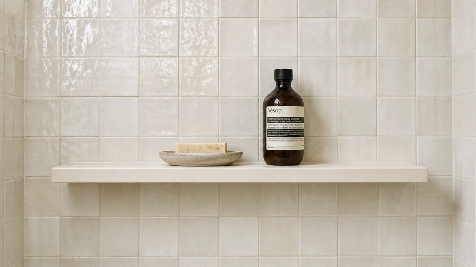 pale solid surface floating shelf built into a tiled shower wall