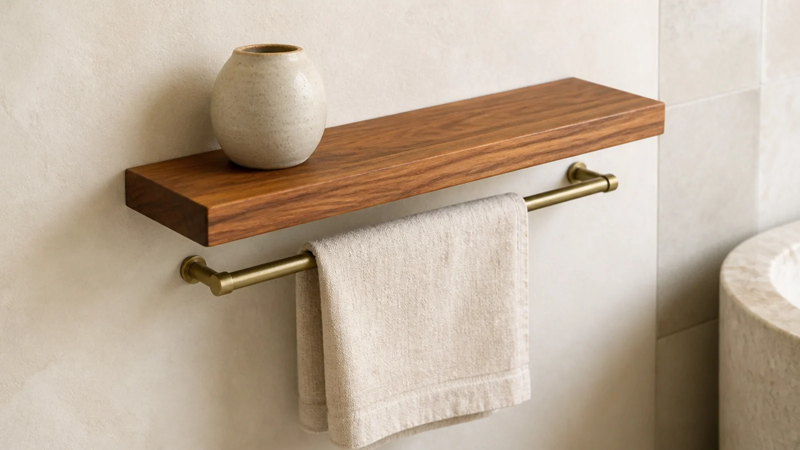 brass rail fixed under a floating bathroom shelf holding a linen towel
