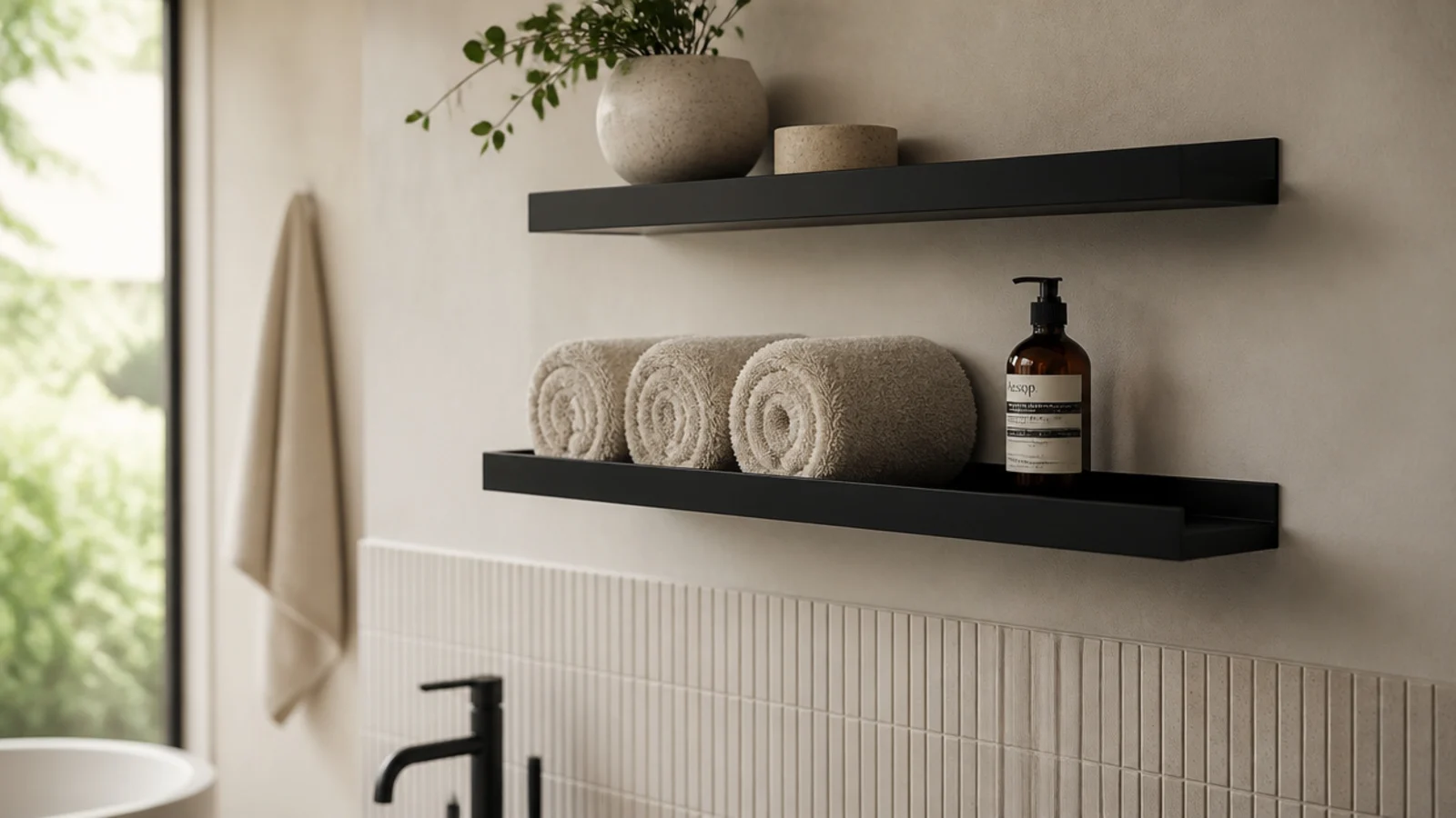 matte black powder coated steel floating shelves in a modern bathroom