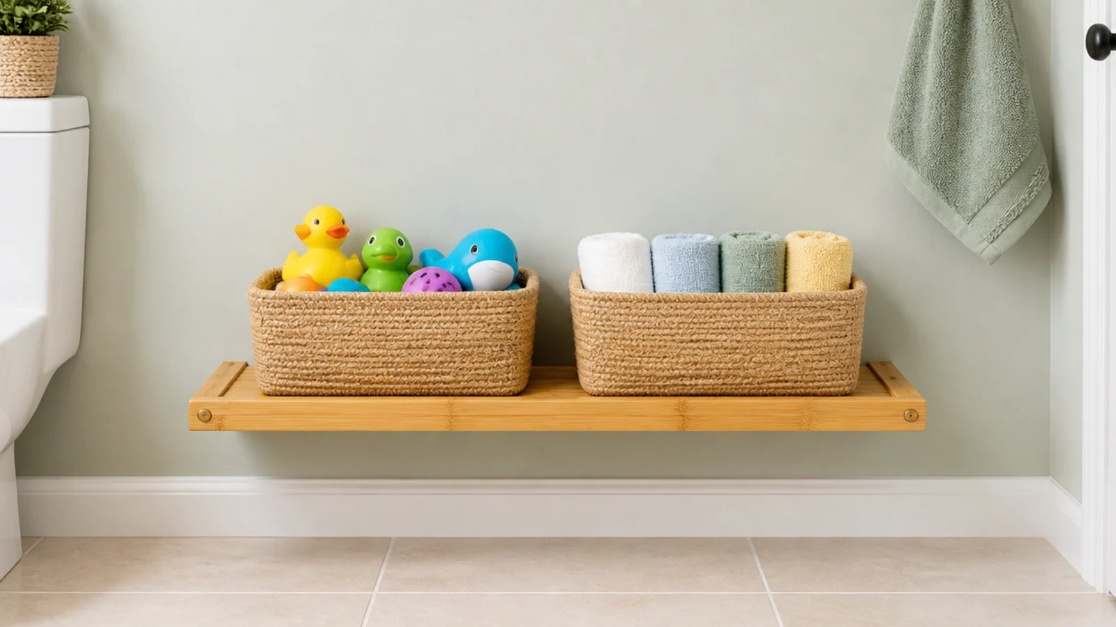 low floating shelf holding woven baskets in a family bathroom