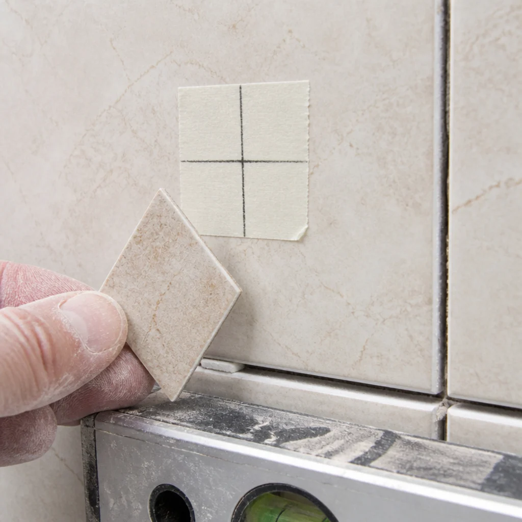 masking tape and a tile bit marking a drill point on bathroom tile