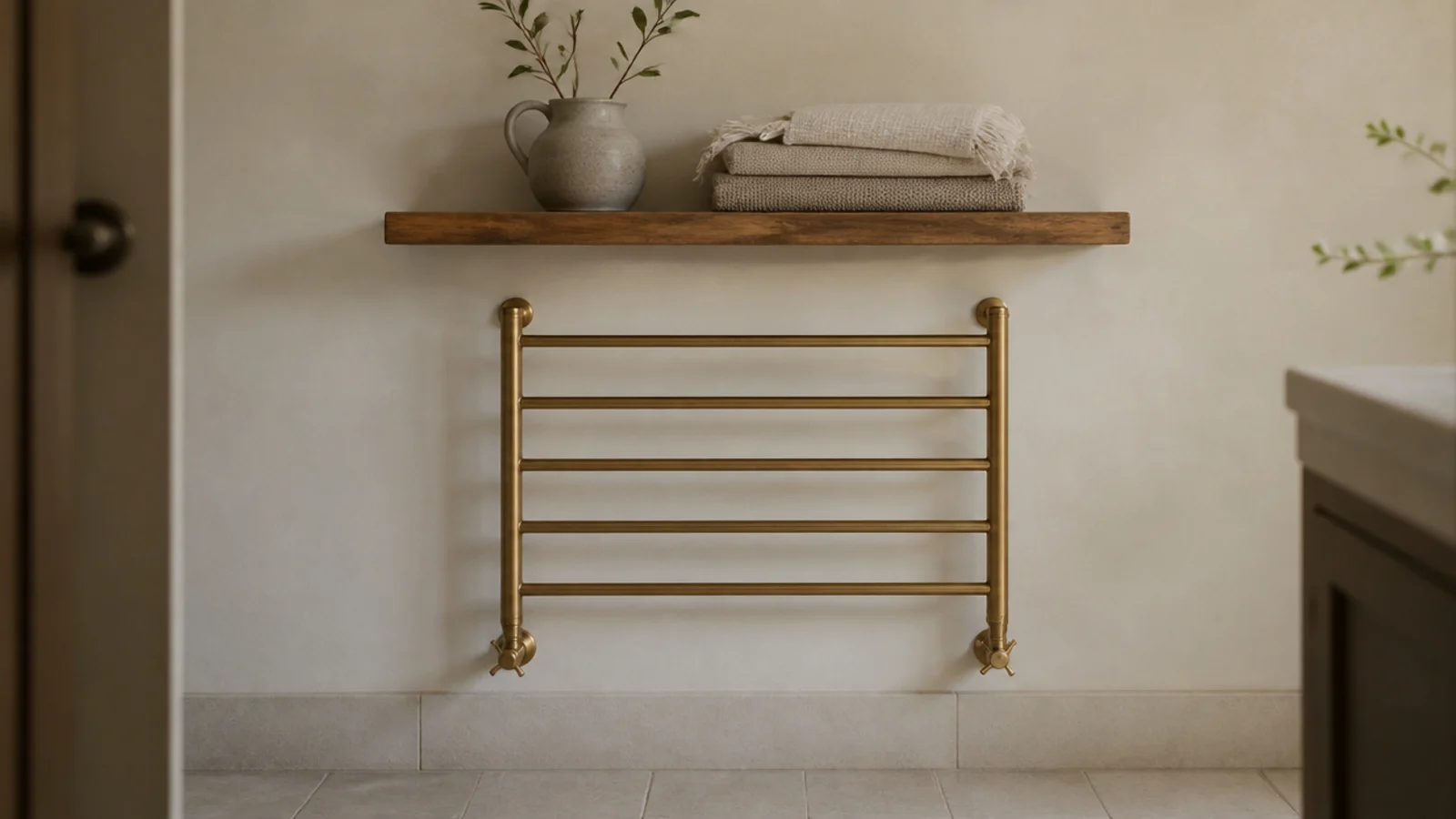 floating shelf mounted with clearance above a heated bathroom towel rail