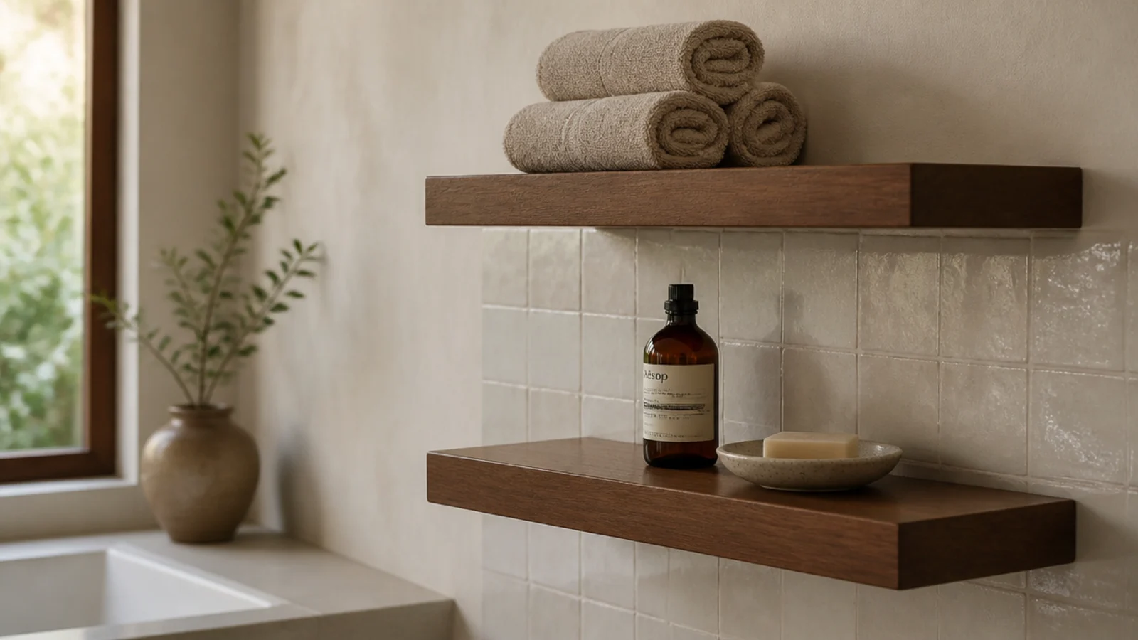 sealed teak floating shelves in a bathroom holding rolled towels and bottles