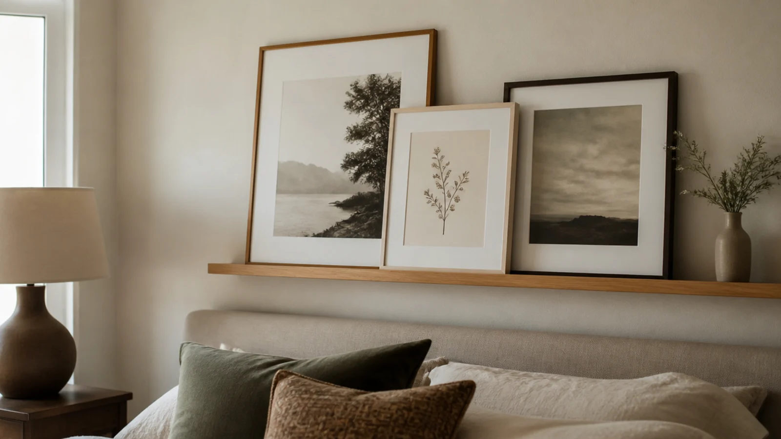 floating picture ledge above a bed holding leaning framed prints