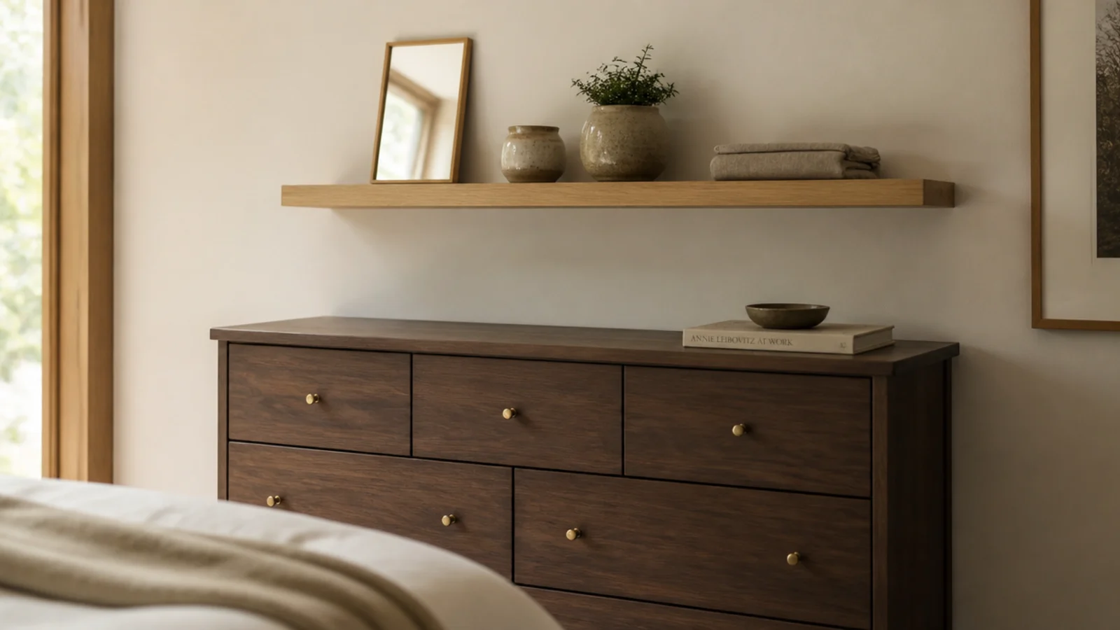 floating shelf mounted above a bedroom dresser holding a mirror and pots