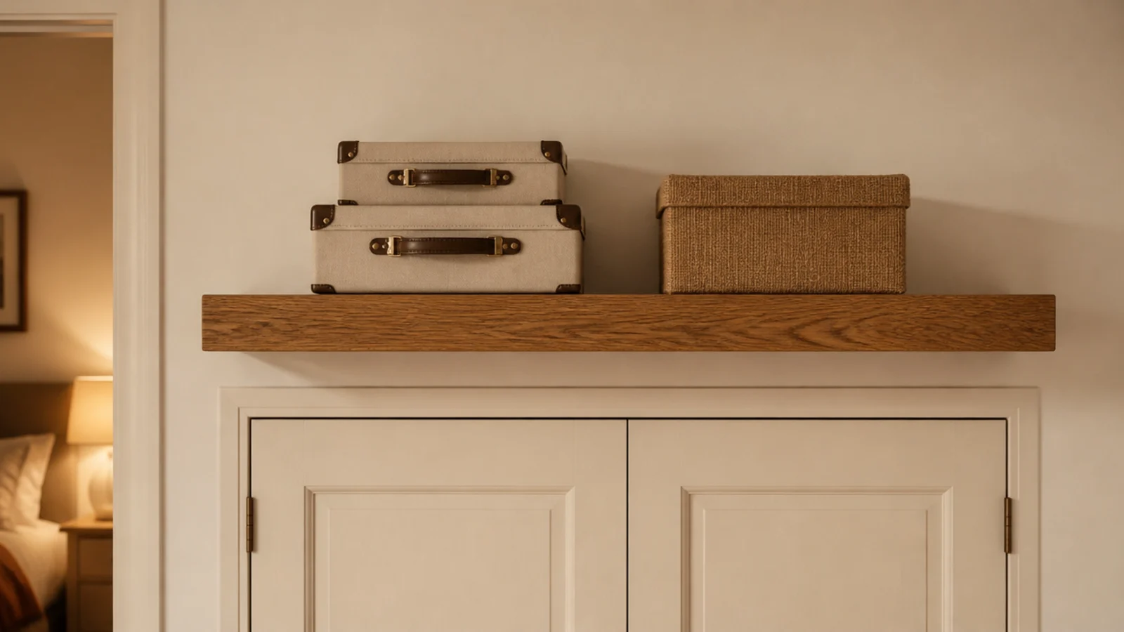 high floating shelf above a closet door holding suitcases and boxes