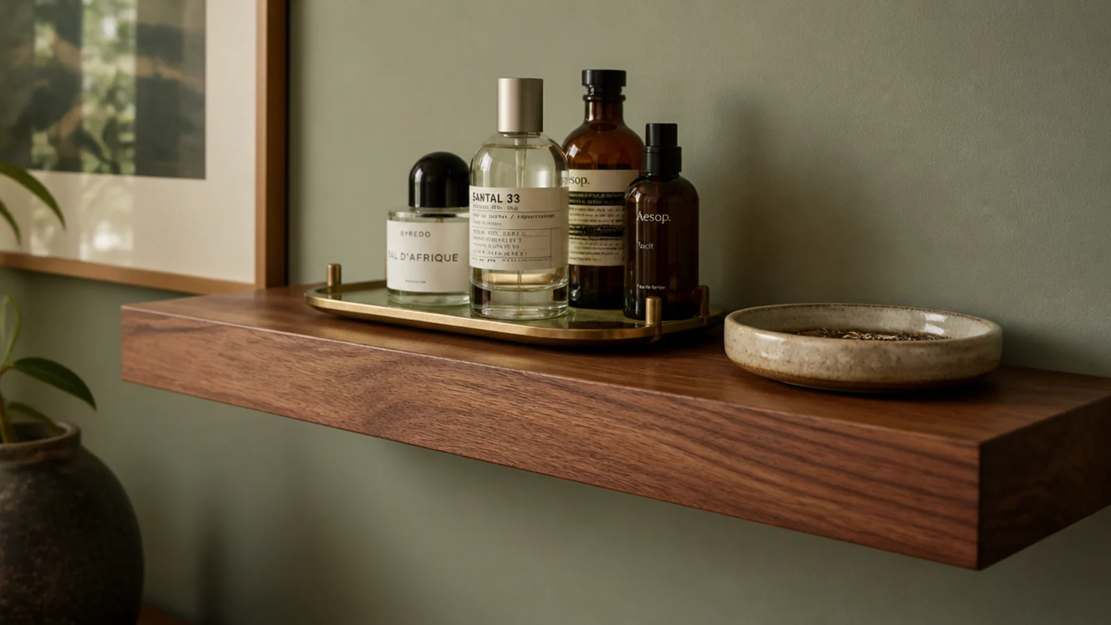 floating shelf at chest height holding glass perfume bottles and a dish