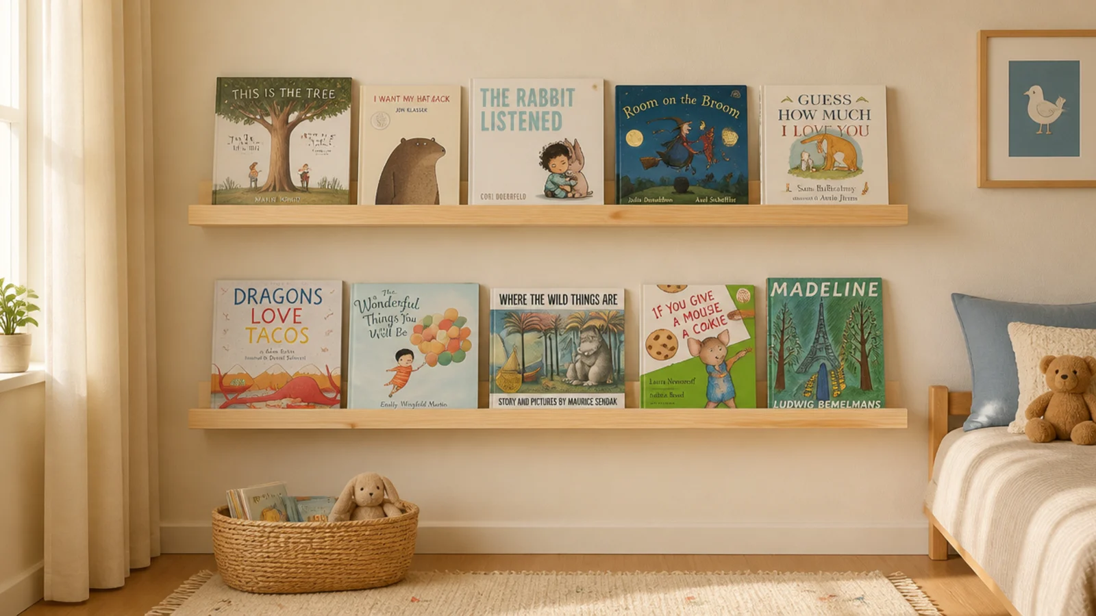 shallow floating ledges holding forward facing picture books for a child
