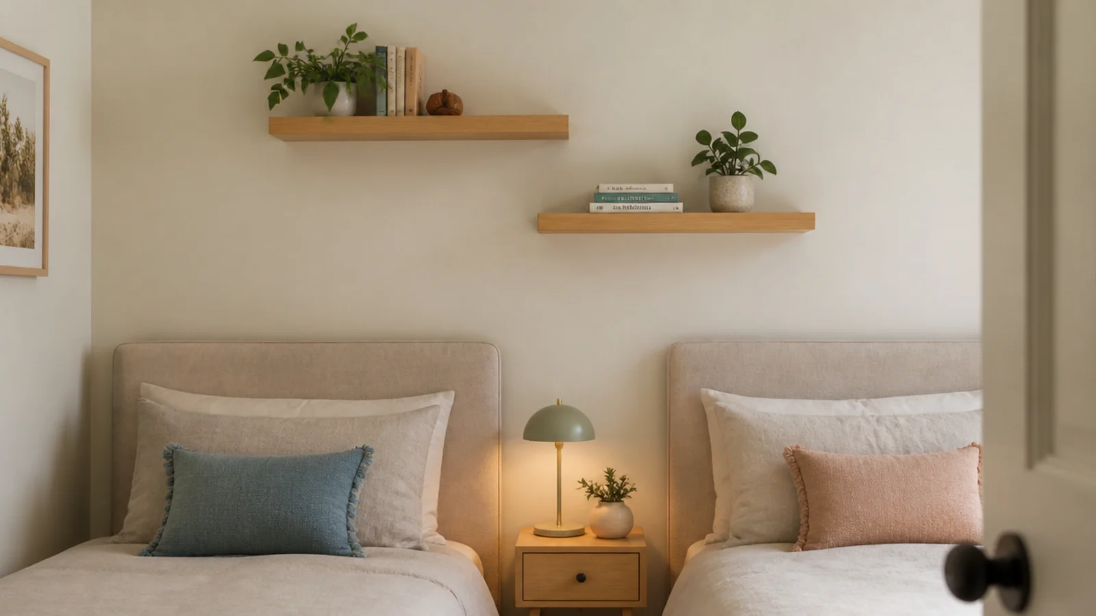 two matching floating shelves at different heights in a shared bedroom