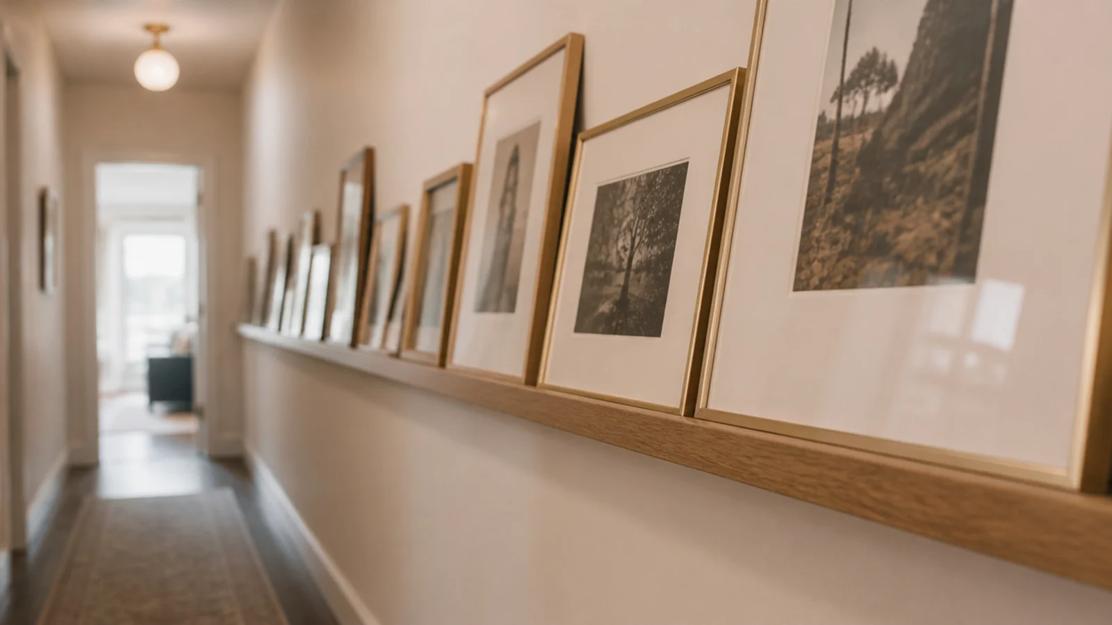 shallow oak ledge running along a hallway wall holding leaning prints