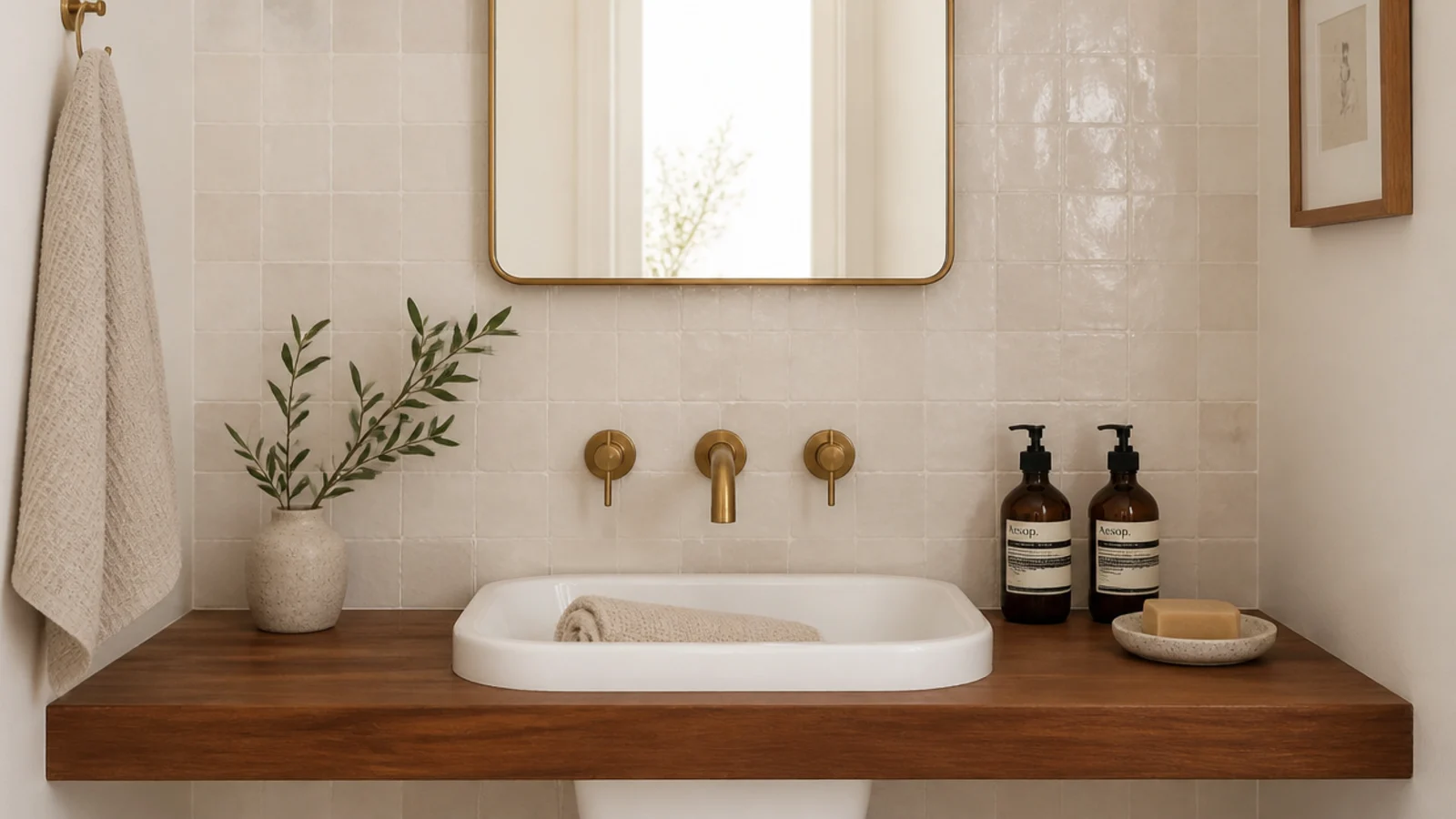 sealed teak bathroom shelf replacing a swollen raw pine board