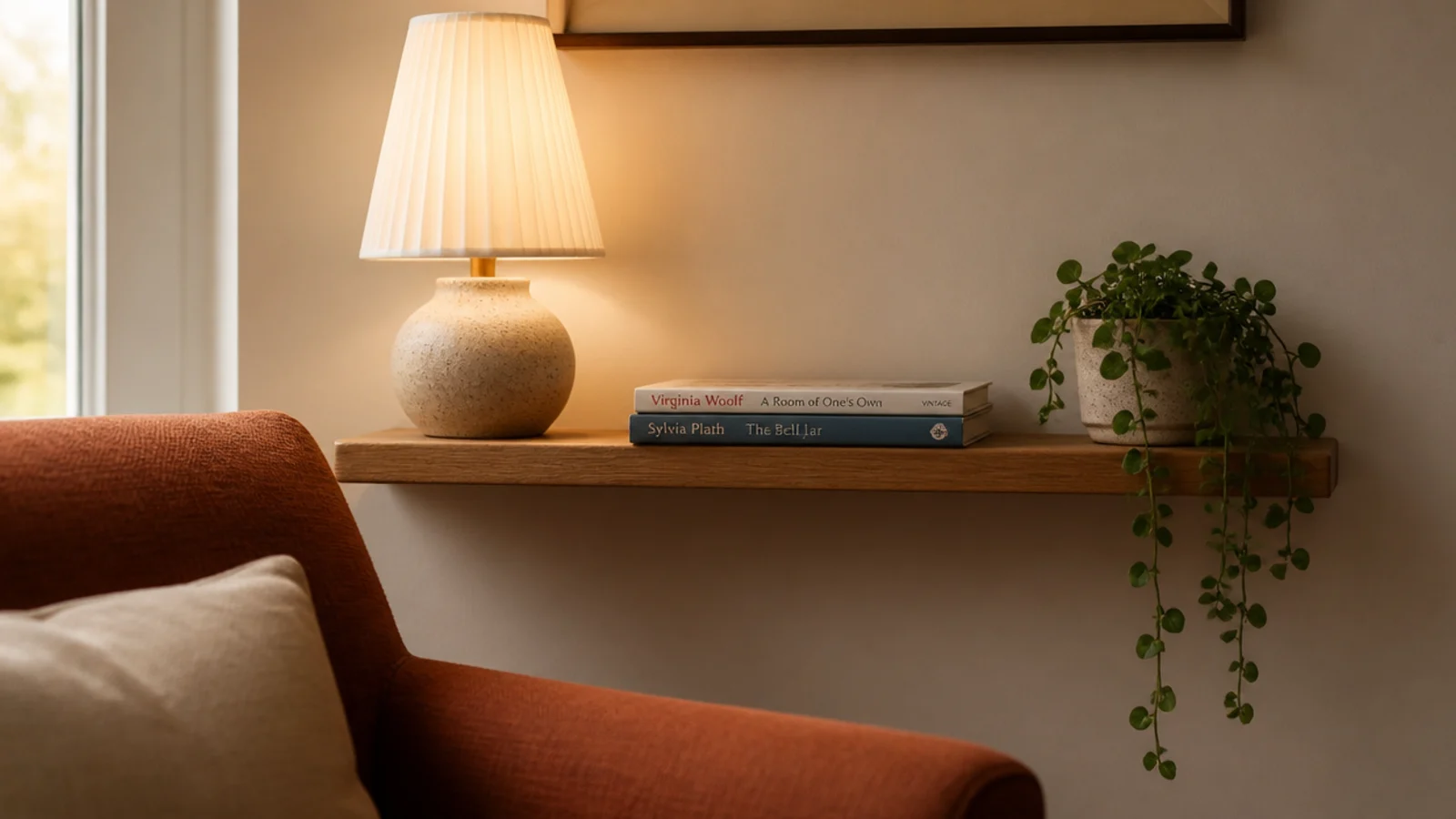 floating shelf remounted at reachable height above a low reading chair