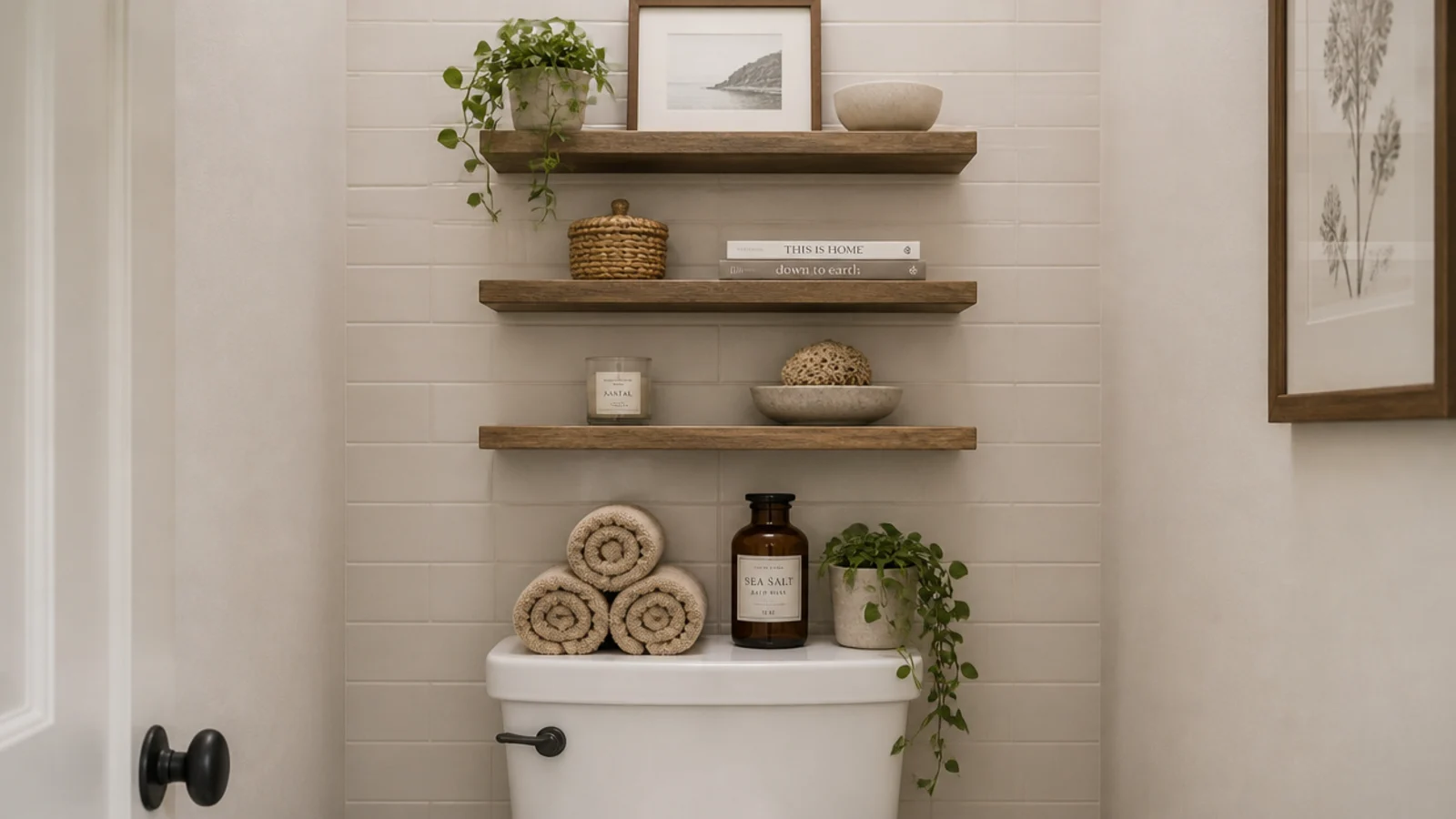 three narrow shelves fitted above a toilet holding towels and bottles