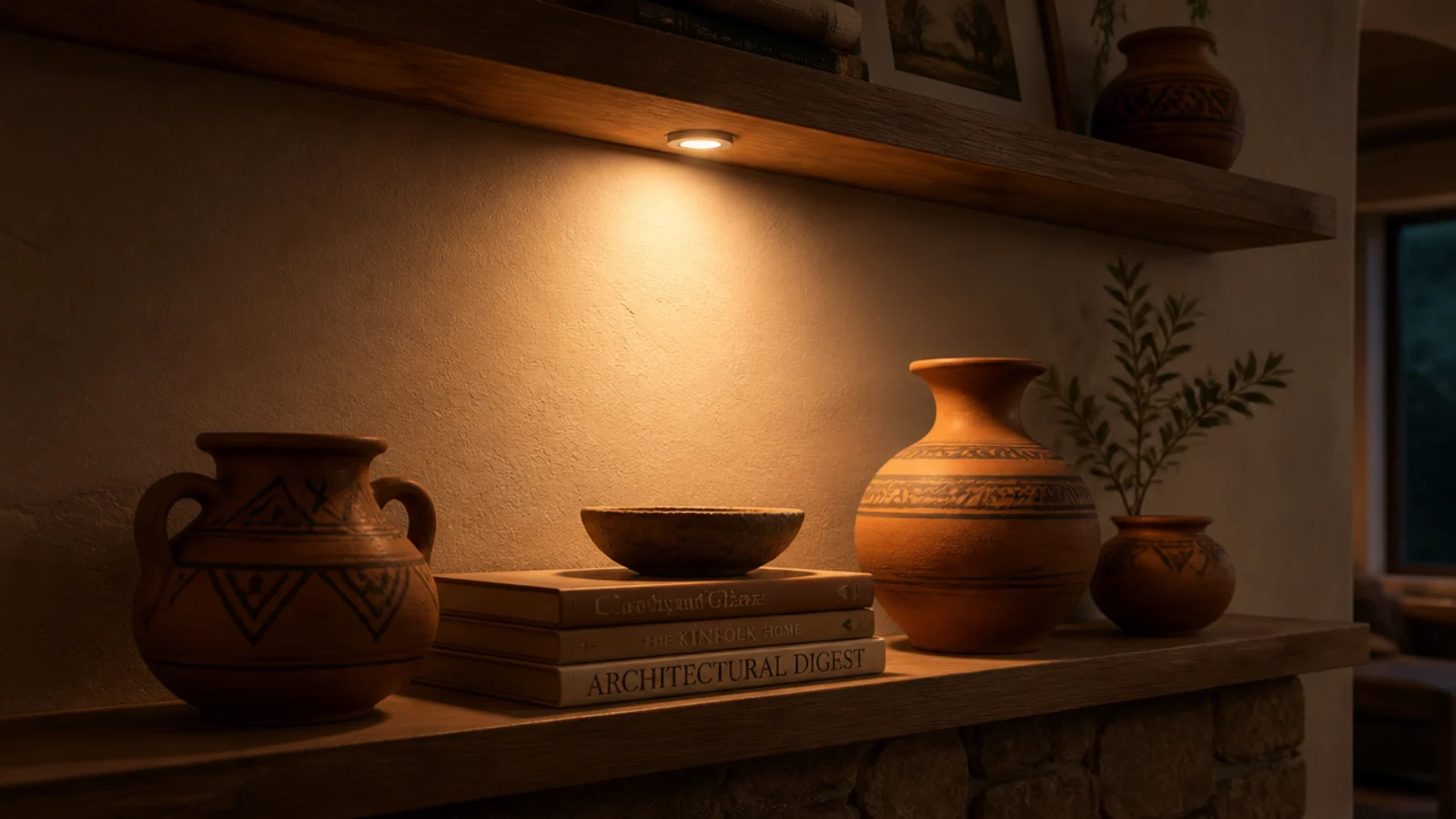 dark wall shelf lit from beneath by a warm rechargeable puck light
