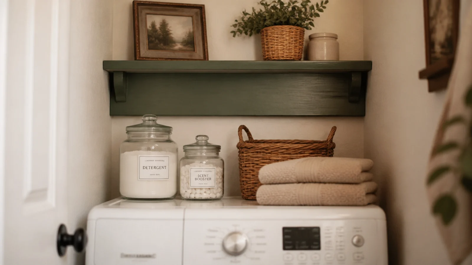 painted shelf above a washing machine holding jars baskets and linens
