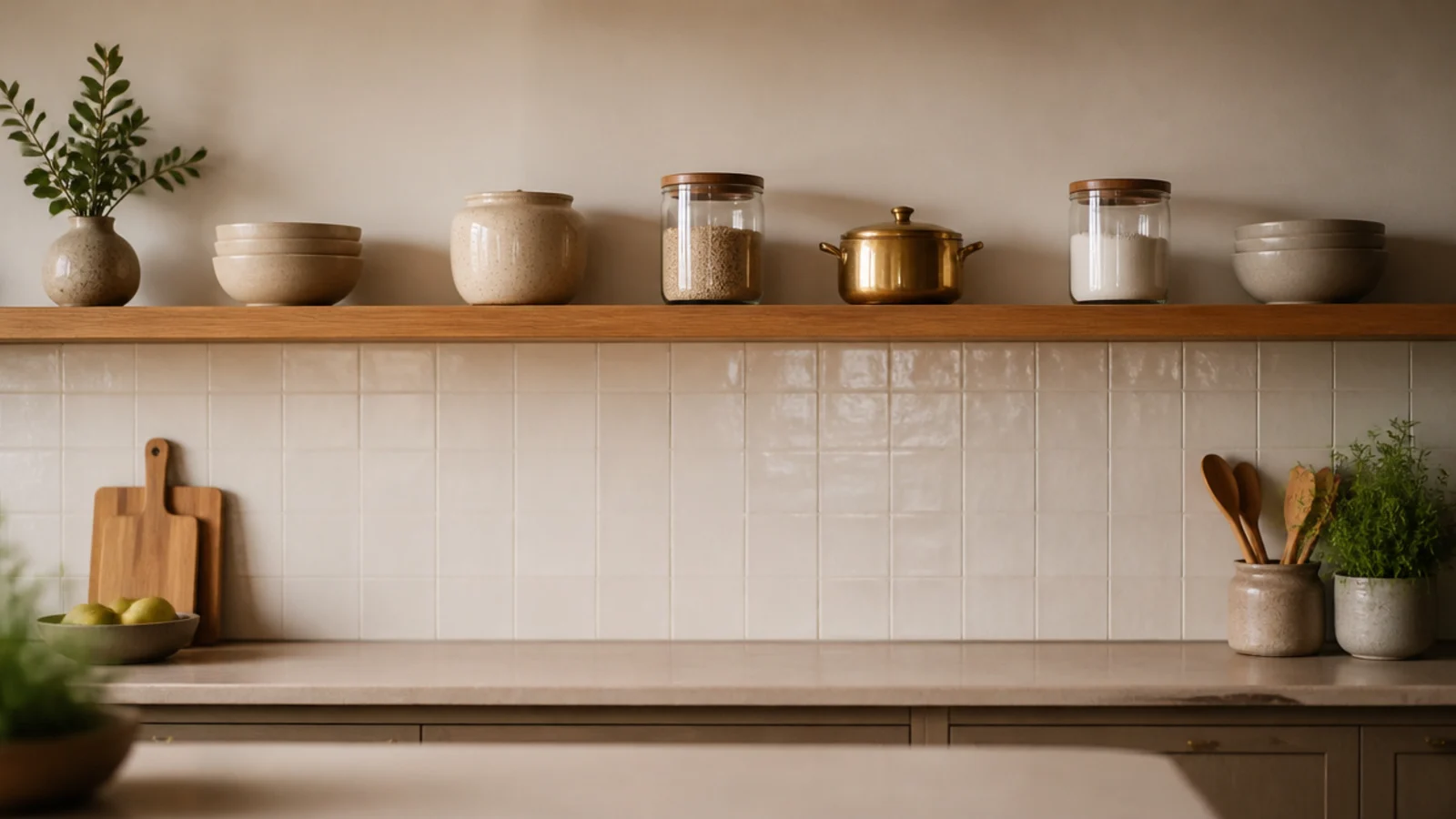 single long floating shelf running the full width of a kitchen counter