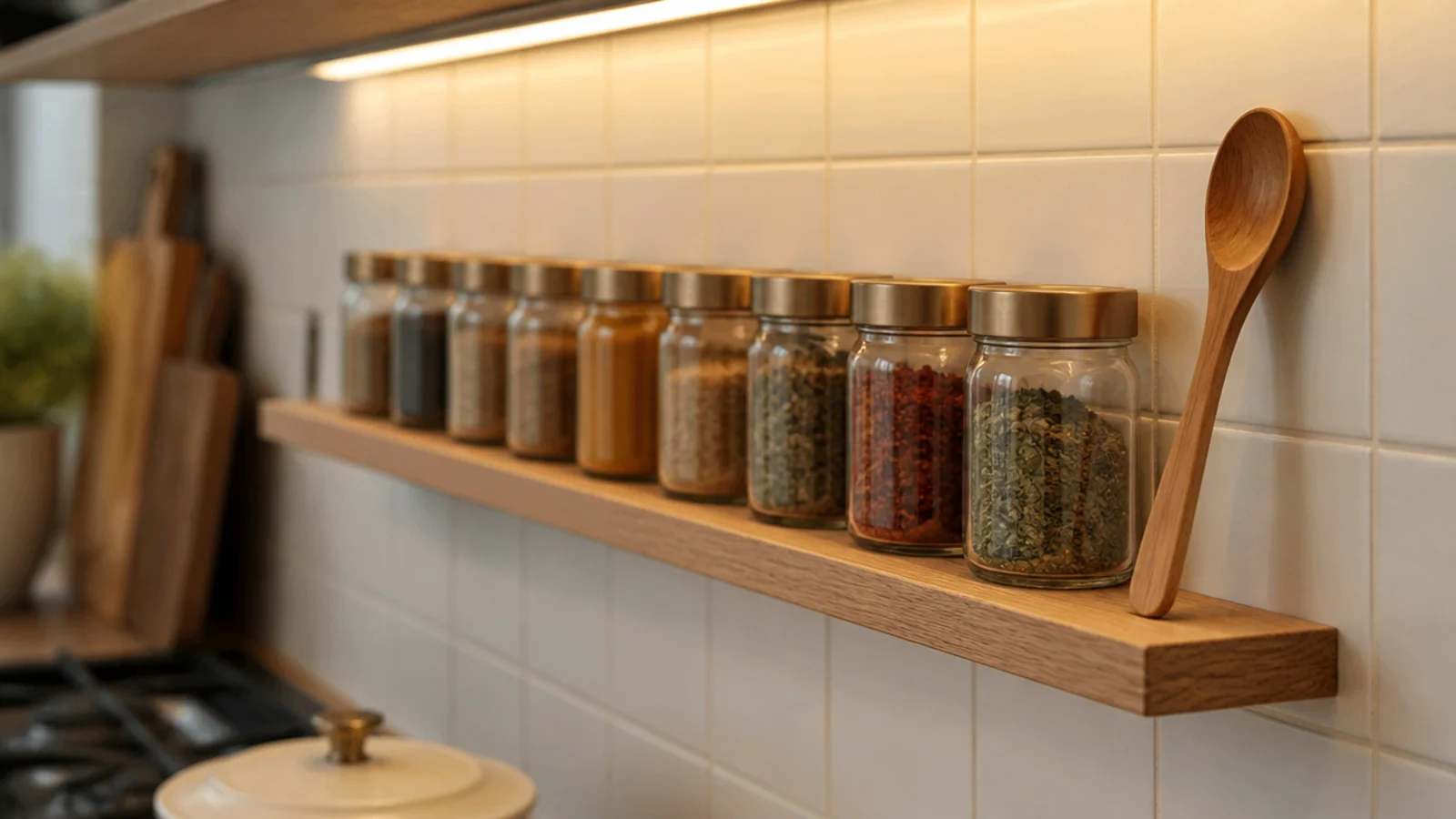 shallow floating spice shelf running along a tiled kitchen backsplash