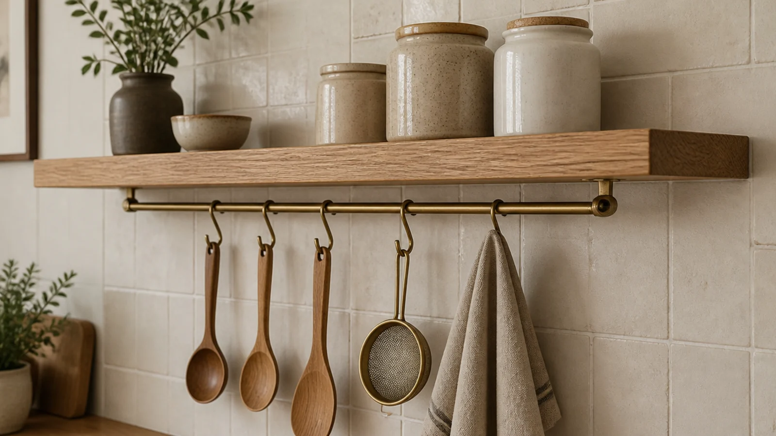 brass rail fitted under a floating kitchen shelf holding utensils