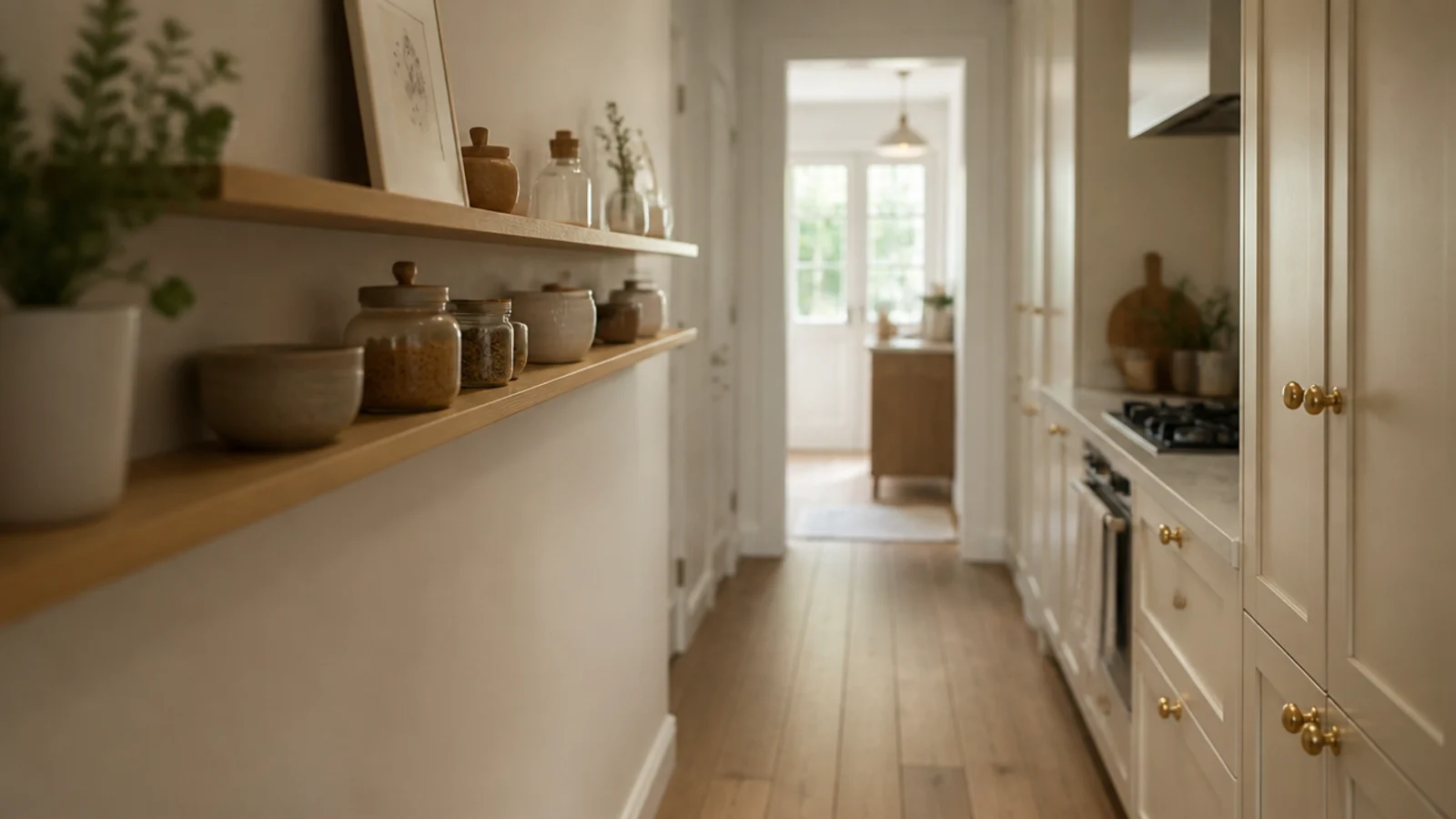 shallow floating shelves lining one wall of a narrow galley kitchen