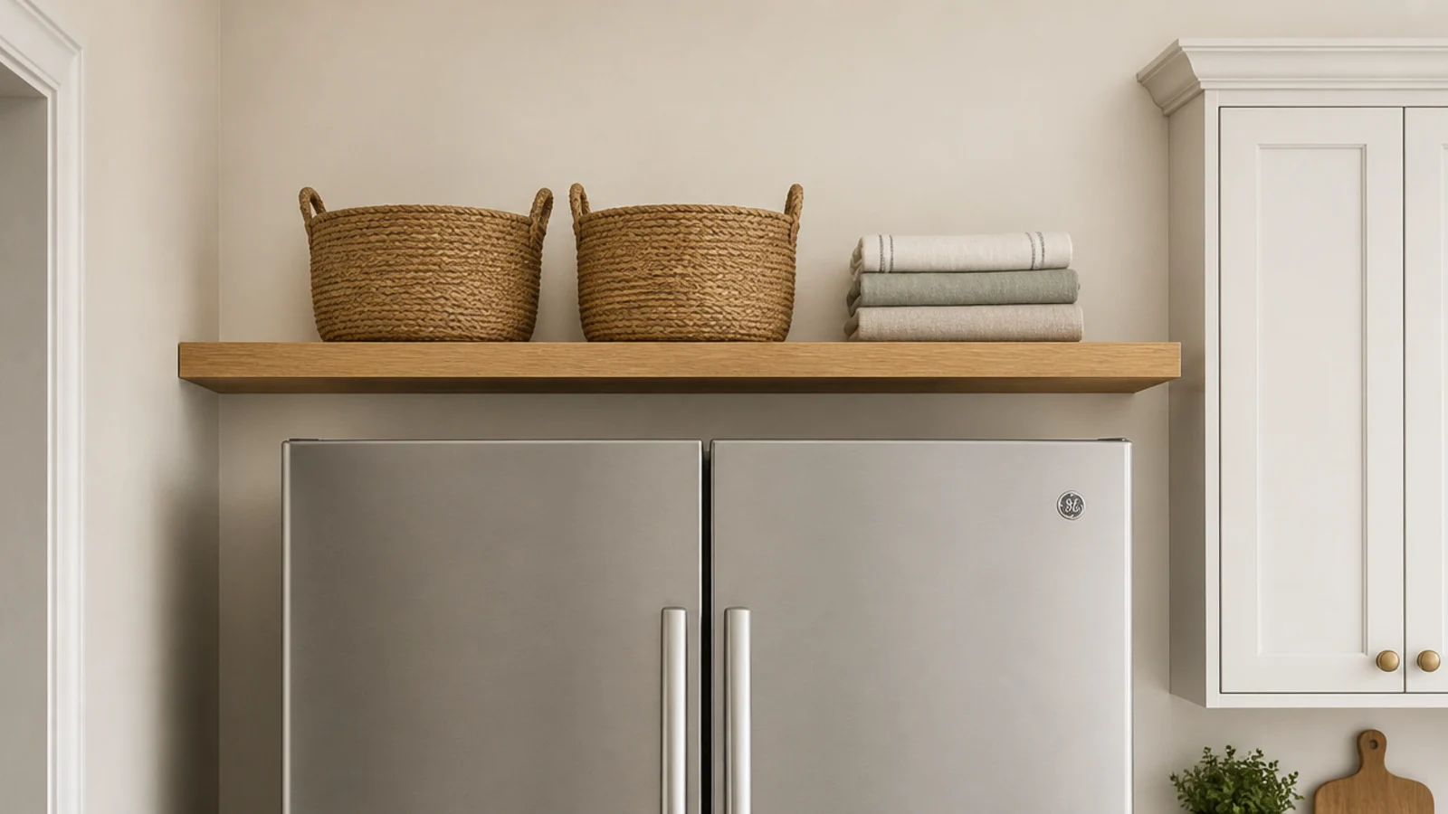 floating shelf mounted above a kitchen fridge holding jute baskets