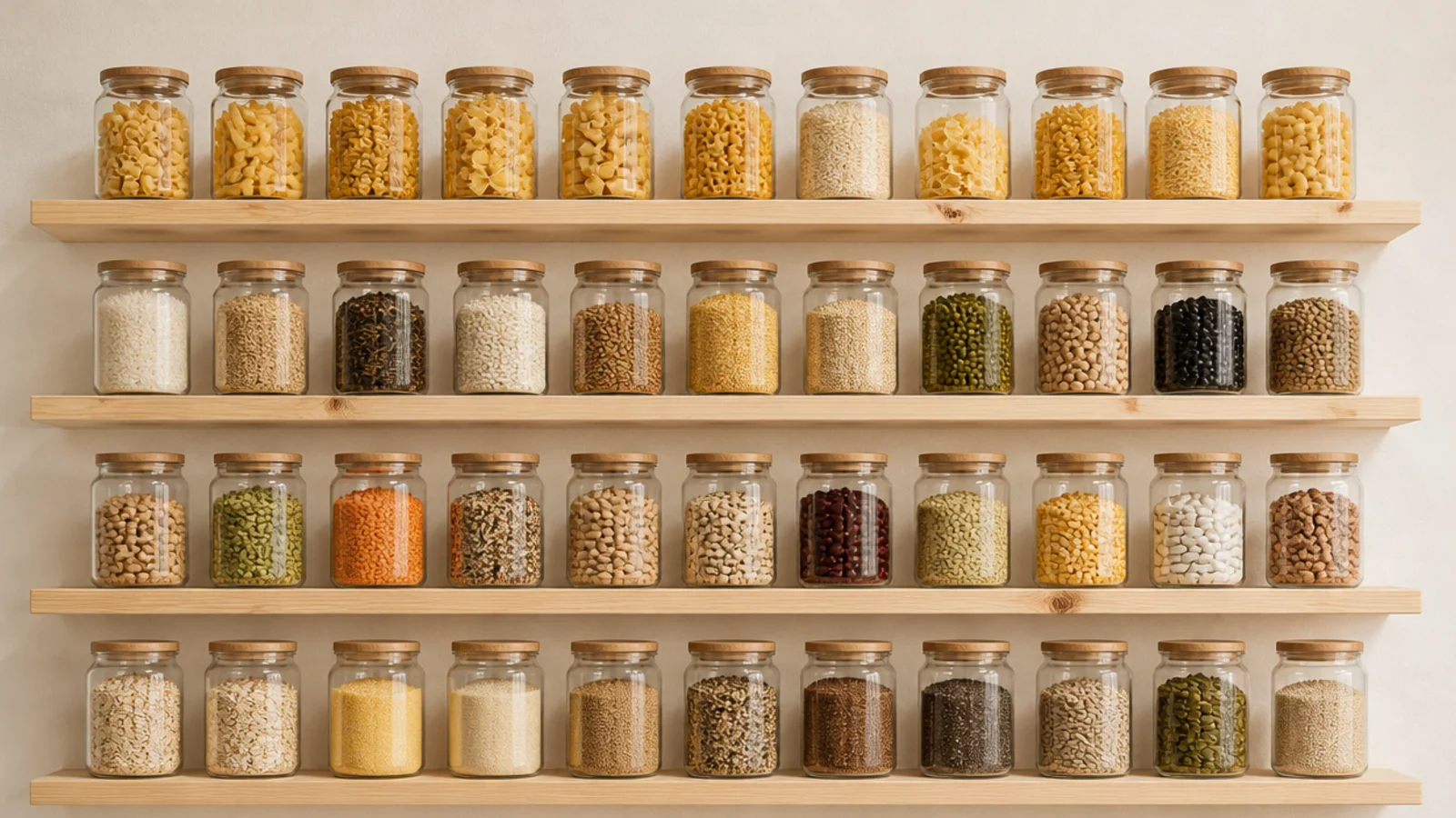 shallow floating pantry shelves lined with glass jars of dry goods