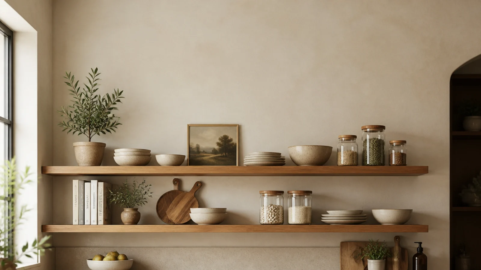 vertical view of styled wood floating shelves in a cozy warm kitchen