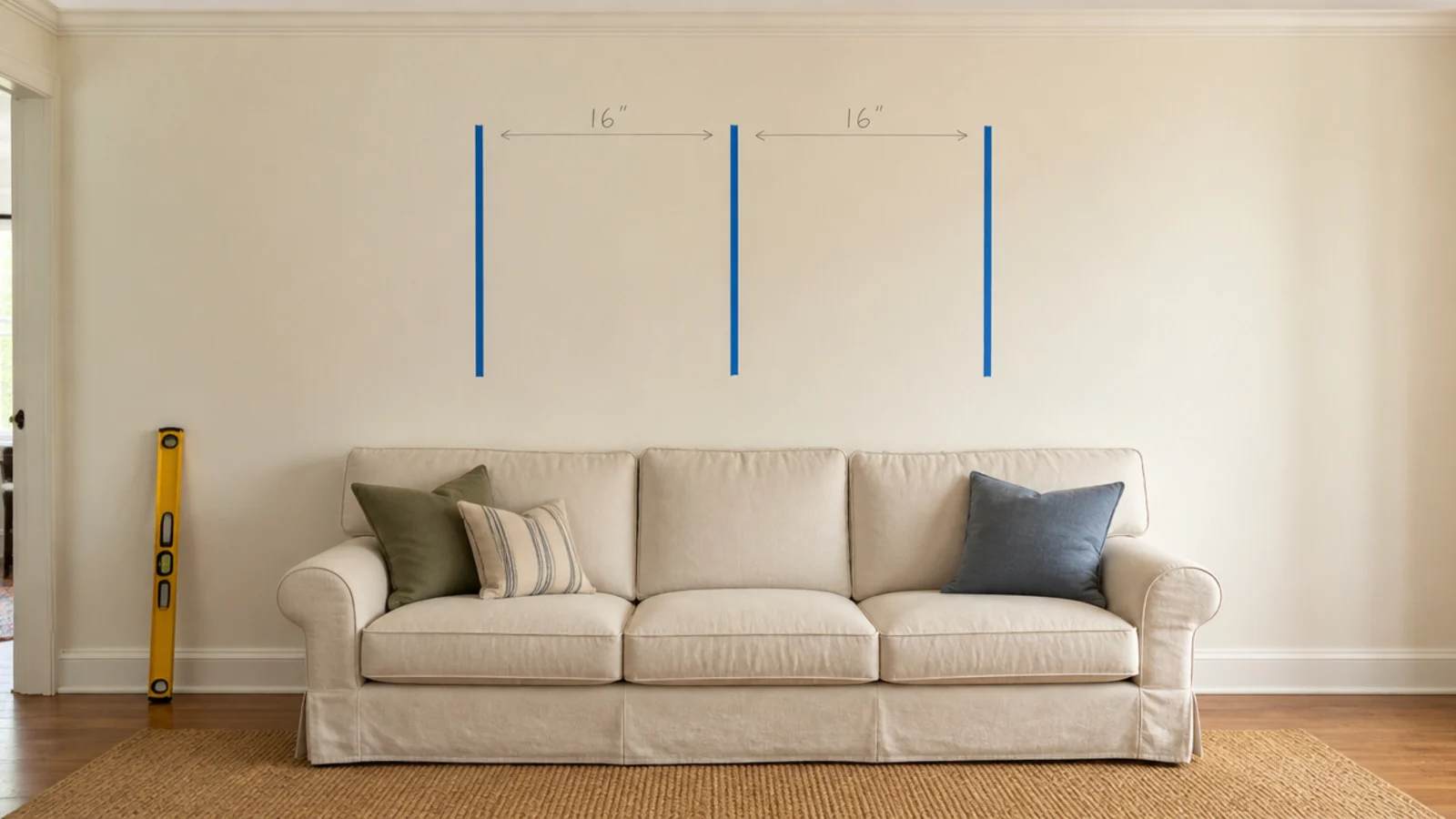 bare living room wall marked with tape before floating shelves go up