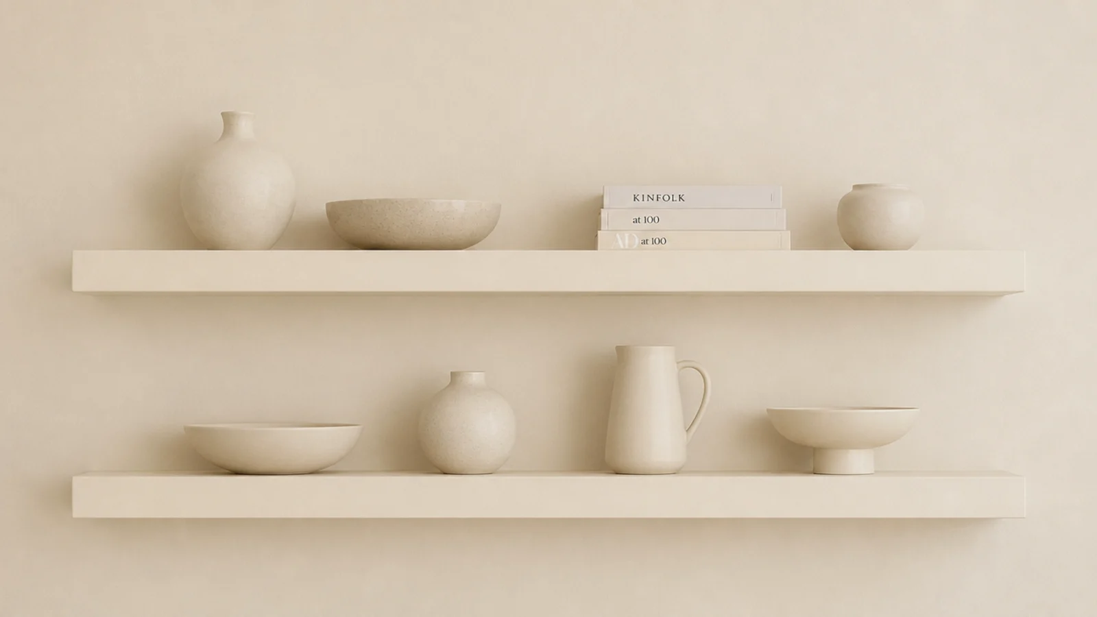 cream painted floating shelves blending into a cream living room wall