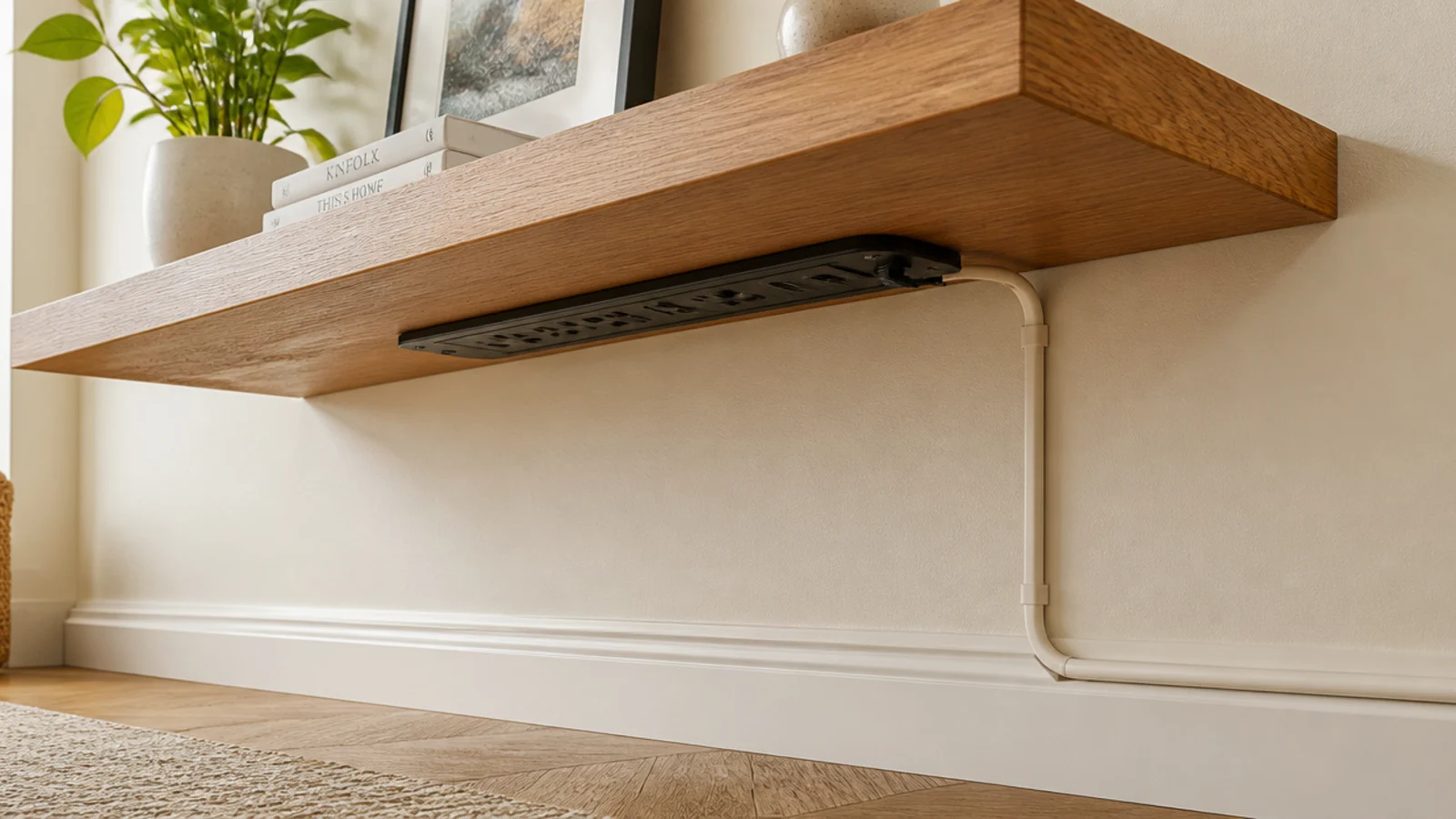power strip mounted out of sight under a floating living room shelf