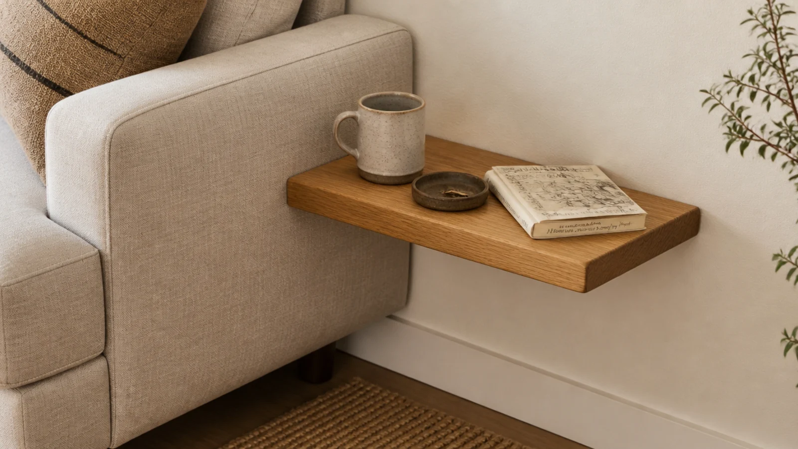 small floating shelf beside a sofa arm holding a mug and remote