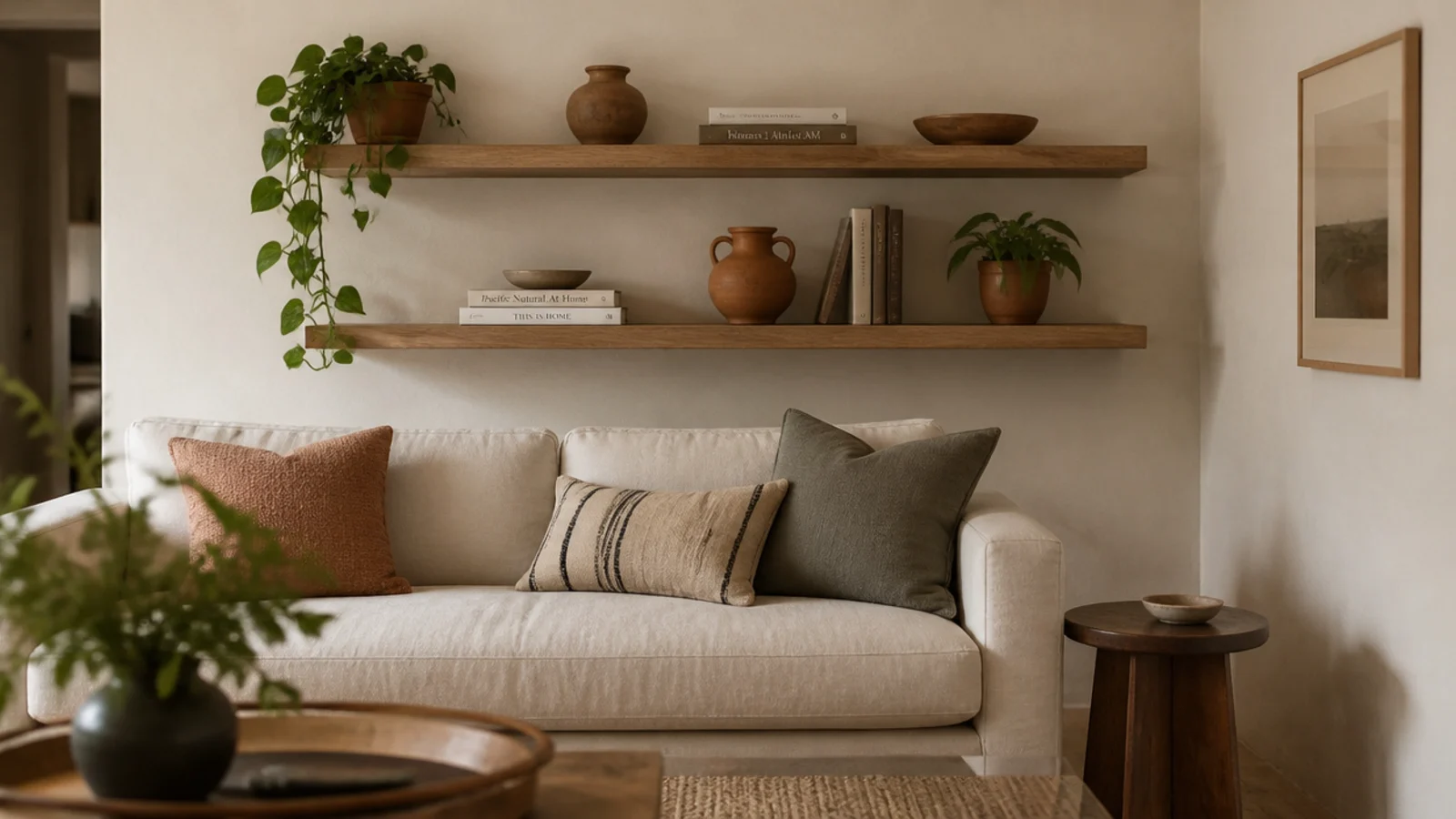 floating shelves in a small living room above a linen sofa with pottery