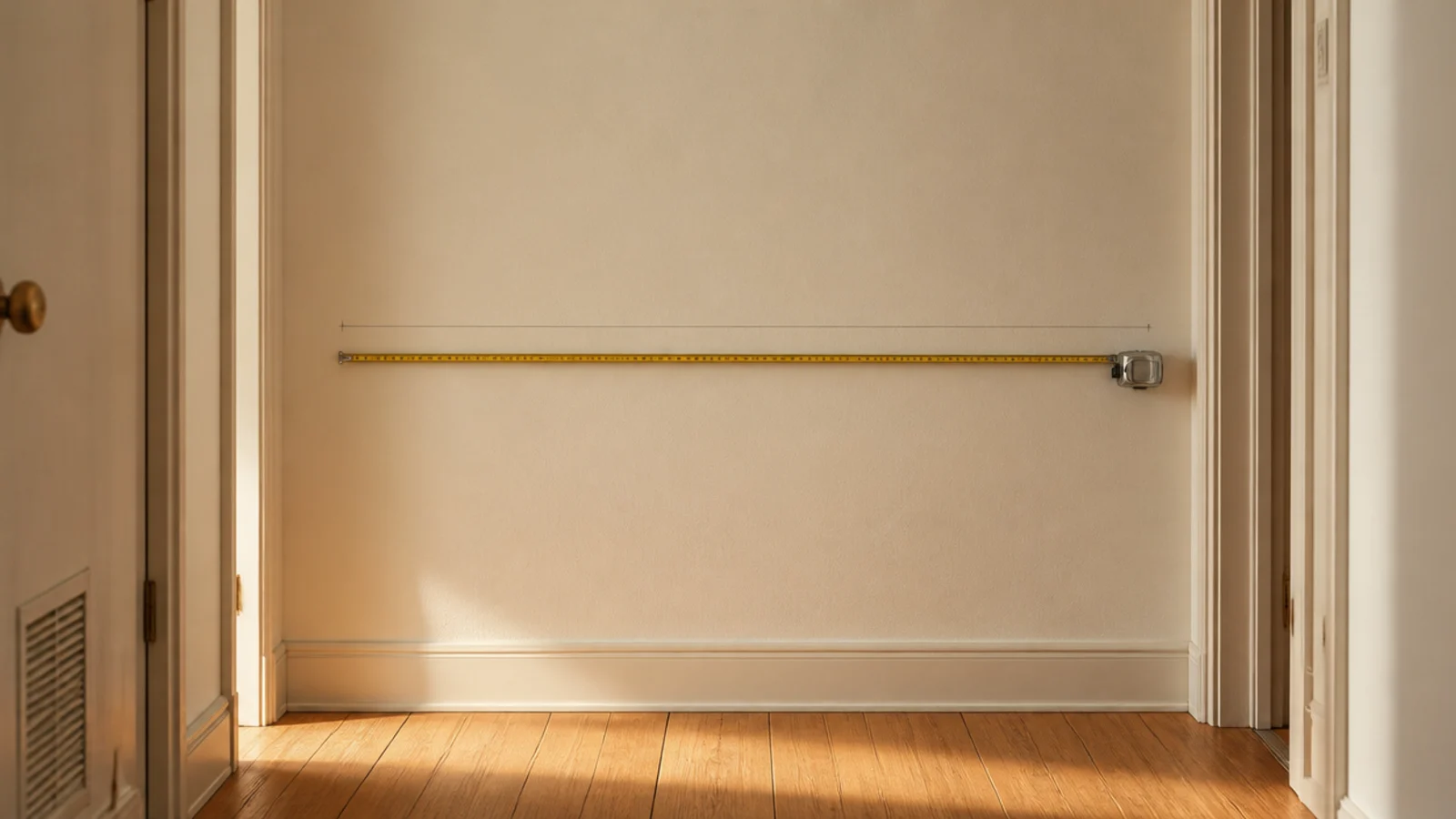 narrow apartment wall measured with a tape for shallow shelf clearance
