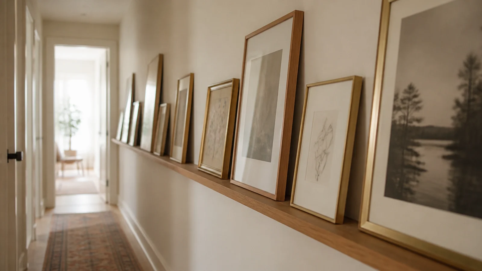 long shallow oak ledge running down a narrow hallway with leaning frames